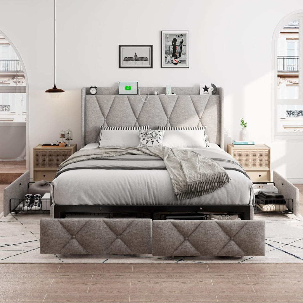 iPormis Queen Bed Frame with 4 Storage Drawers, Upholstered Platform Bed Frame with Charging Station, Modern Wingback Storage Headboard, Easy Assembly, Light Grey