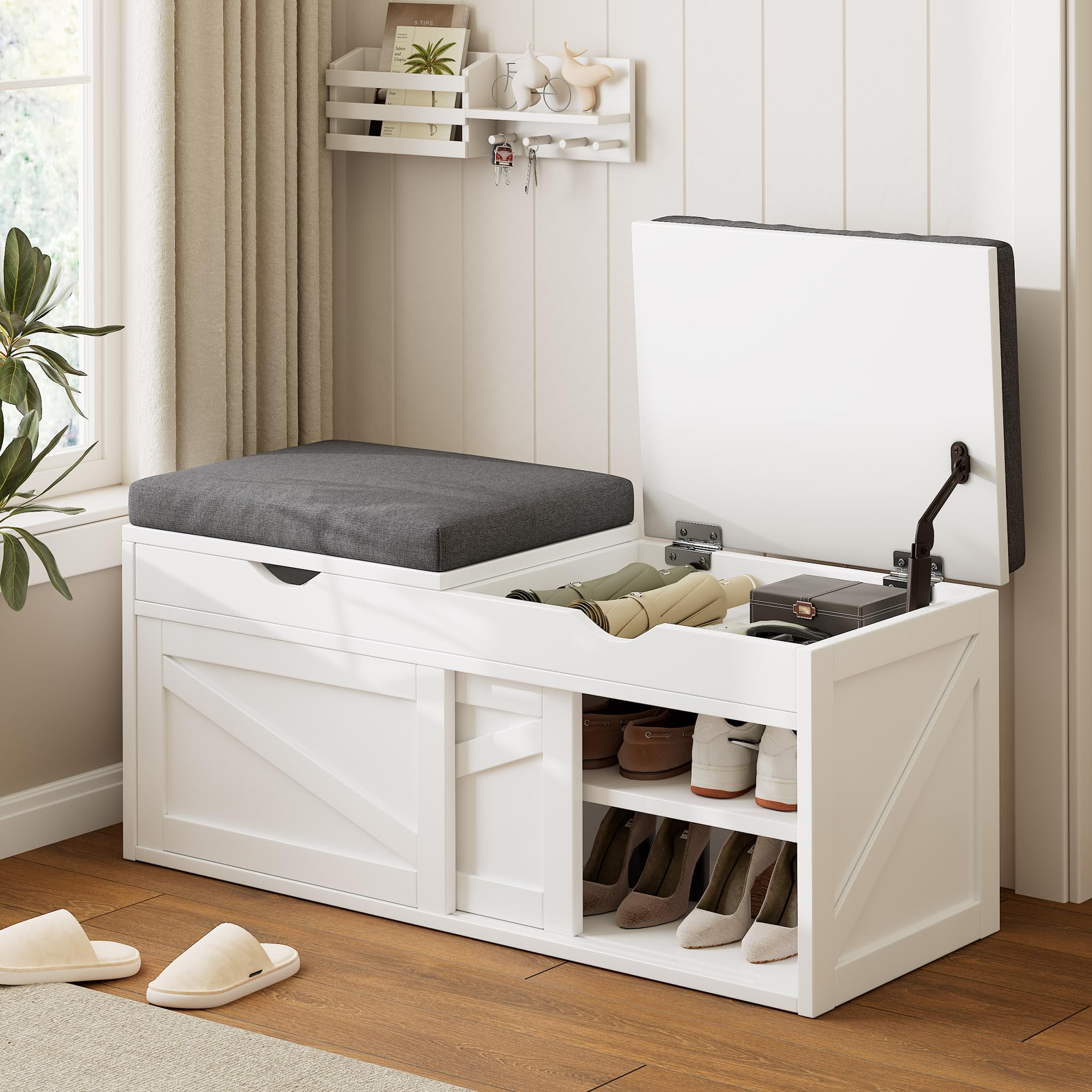 iPormis Shoe Storage Bench,40" Wide 2-Tier Shoe Bench with Padded Seat Cushion and Lift Top Storage,Entryway Bench with Adjustable Shelf,Wooden End of Bed Bench,Rustic Brown