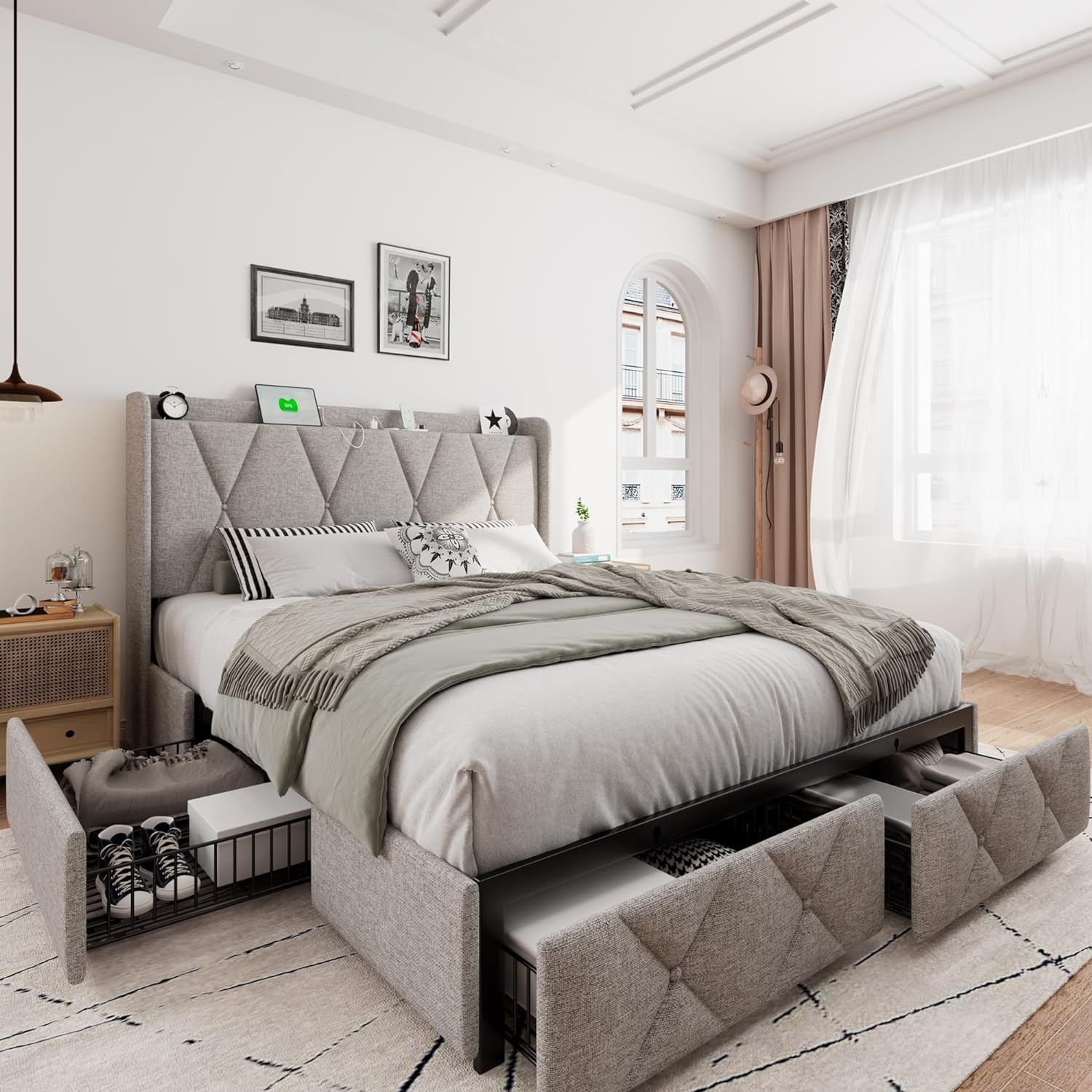 iPormis Queen Bed Frame with 4 Storage Drawers, Upholstered Platform Bed Frame with Charging Station, Modern Wingback Storage Headboard, Easy Assembly, Light Grey