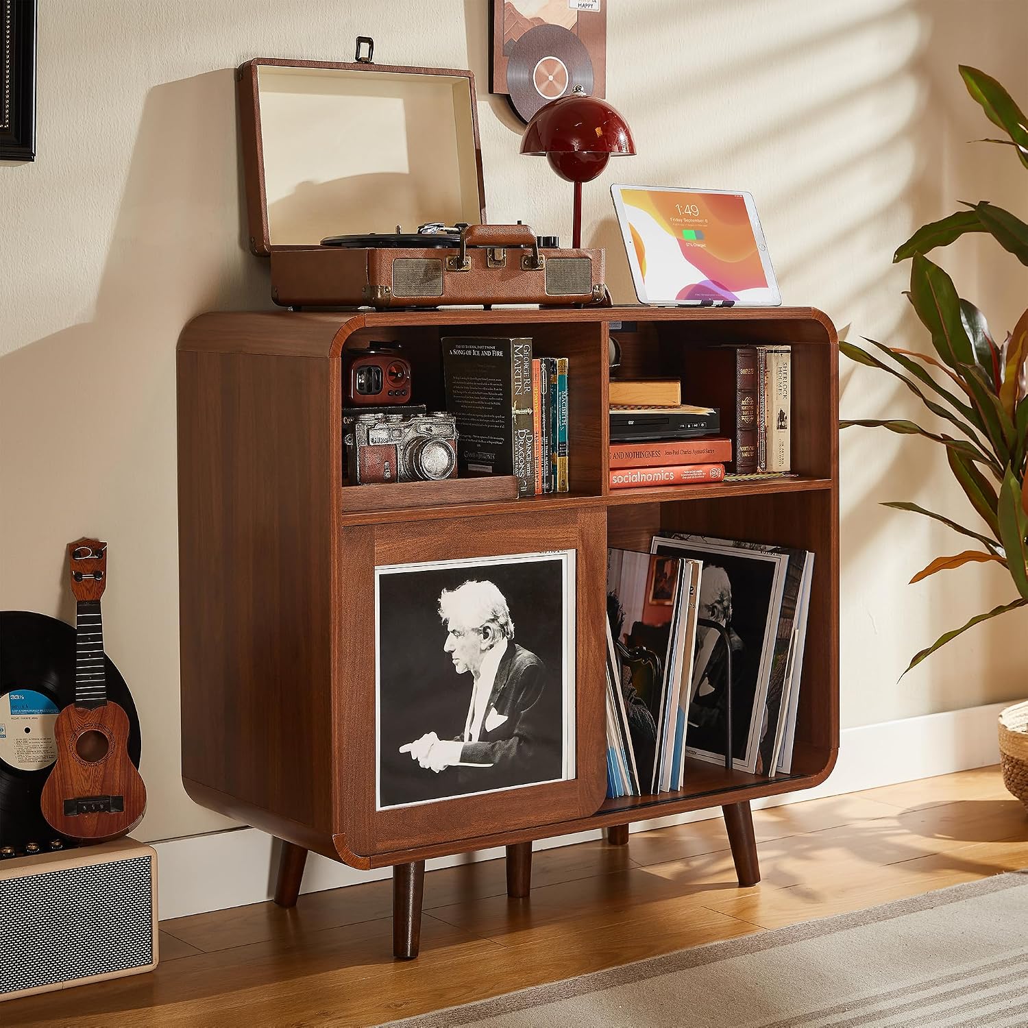 iPormis 31.5" Record Player Stand with Vinyl Storage, Mid Century Record Storage Cabinet with Charging Station, Media Cabinet with Sliding Doors, Turntable Stand for Living Room, Music Corner, Walnut