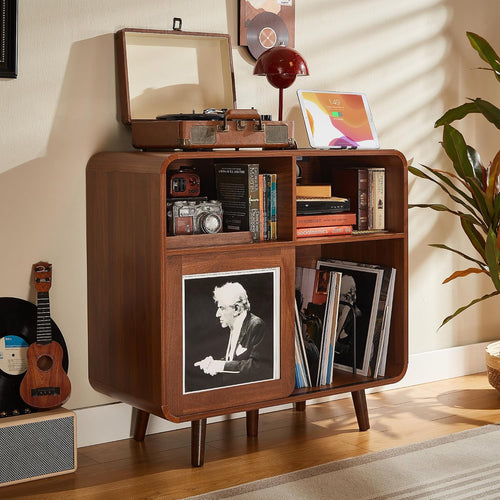 iPormis 31.5" Record Player Stand with Vinyl Storage, Mid Century Record Storage Cabinet with Charging Station, Media Cabinet with Sliding Doors, Turntable Stand for Living Room, Music Corner, Walnut