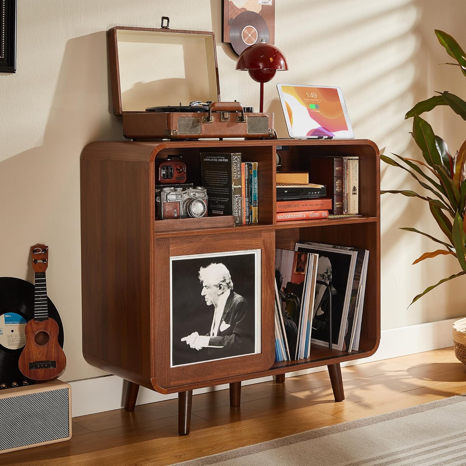 iPormis 31.5" Record Player Stand with Vinyl Storage, Mid Century Record Storage Cabinet with Charging Station, Media Cabinet with Sliding Doors, Turntable Stand for Living Room, Music Corner, Walnut