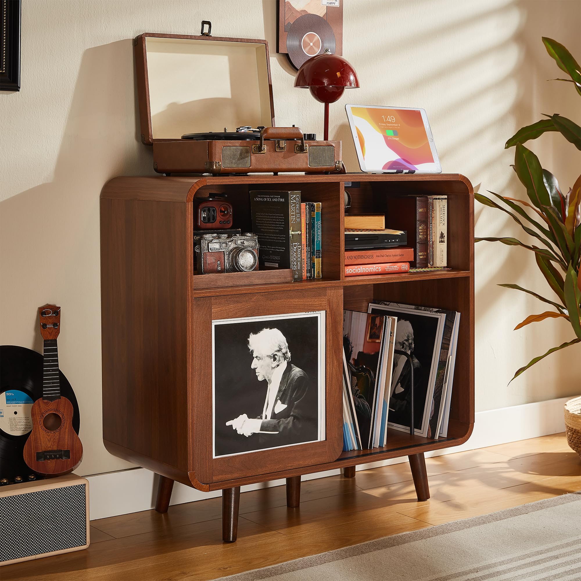 iPormis 56.1" Large Record Player Stand, Record Storage Cabinet with Charging Station, Mid Century Vinyl Player Stand, Adjustable Shelf, Media Cabinet with Sliding Doors for Music&Living Room, Walnut