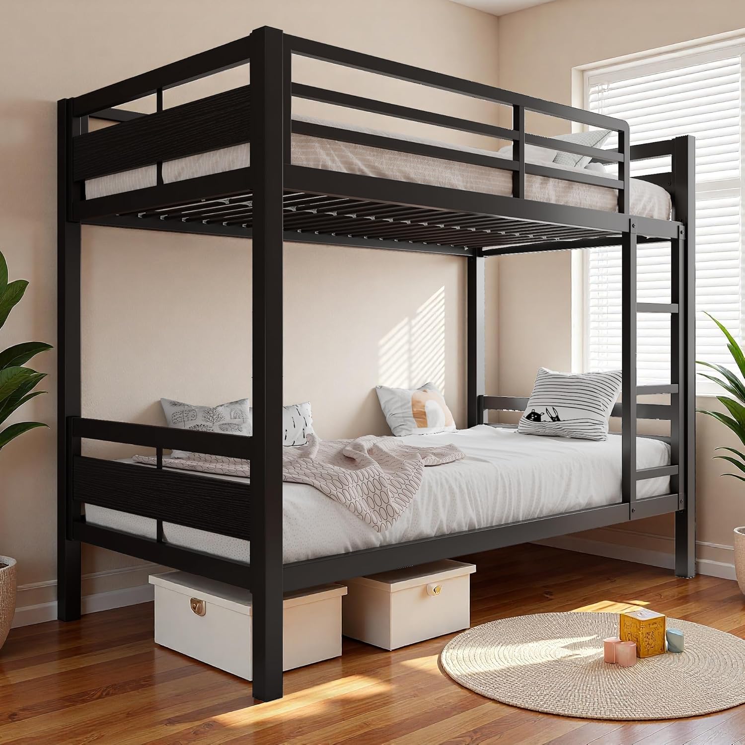 iPormis Metal Bunk Bed Twin Over Twin, Heavy Duty Bunk with High Guardrail and Safety Entrance Design, Under-Bed Storage Space, No Box Spring Needed, Noise Free, Black