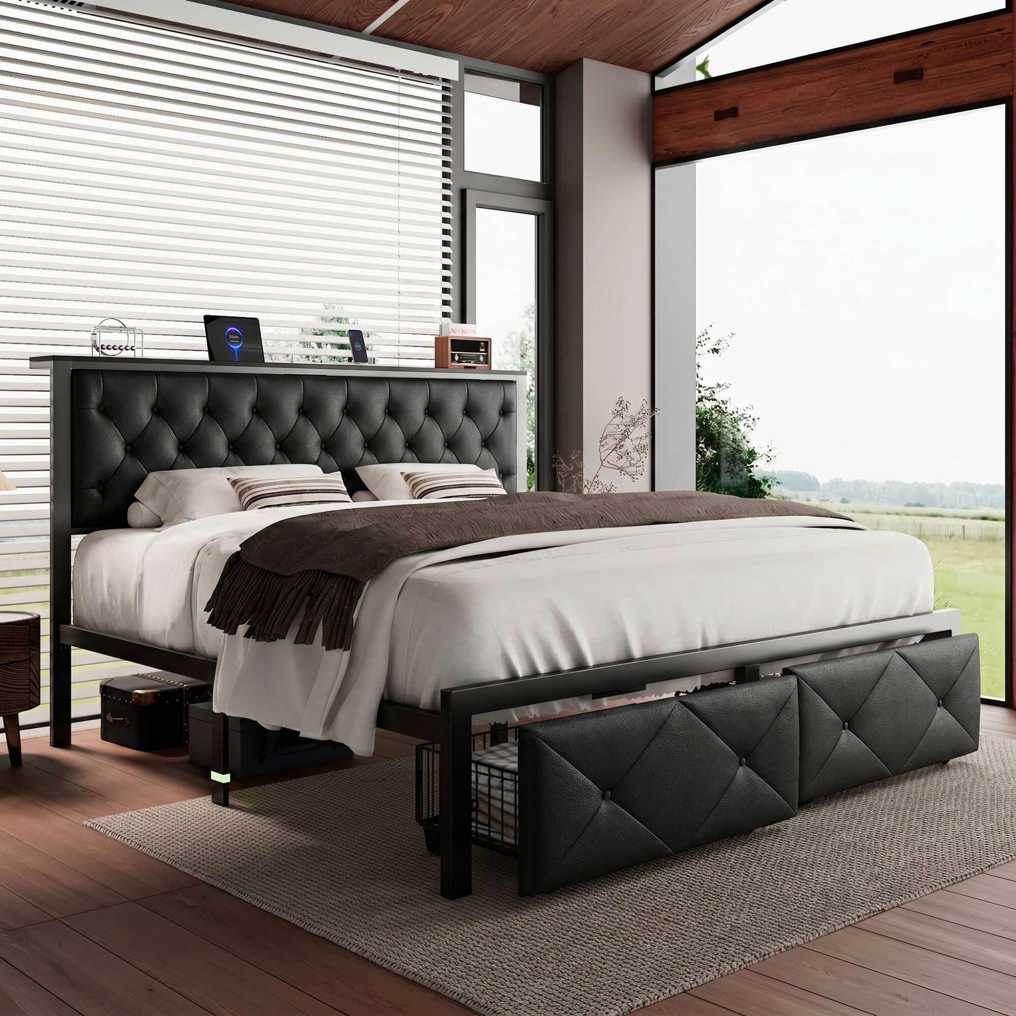iPormis Full Bed Frame with 2 Storage Drawers, Linen Upholstered Headboard Platform Bed with Charging Station, No Box Spring Needed, Metal Slats Support, Noise-Free, Easy Assembly, Black