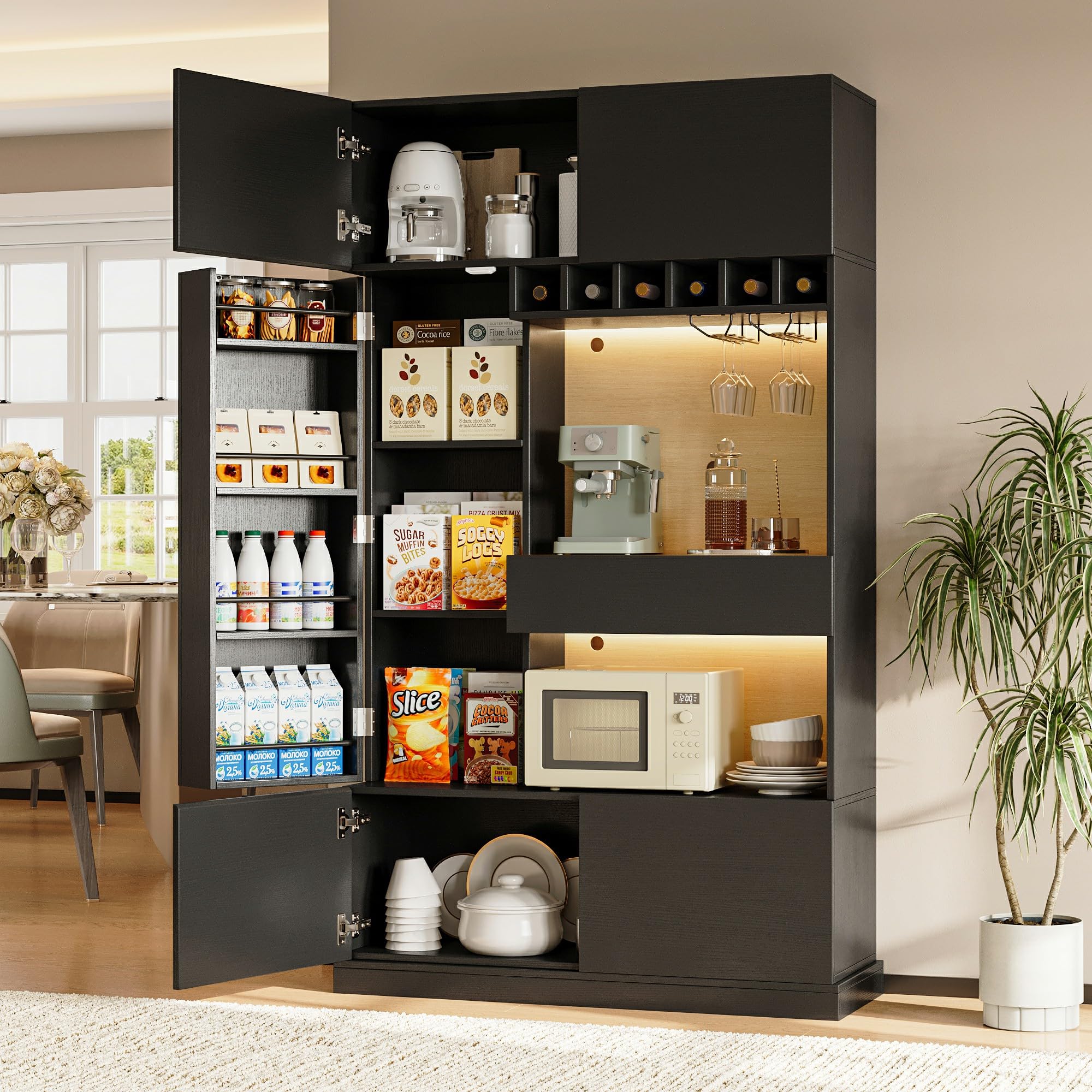 iPormis 69" tall kitchen pantry cabinet with LED lights, microwave stand, wine rack, and hutch with door shelves.