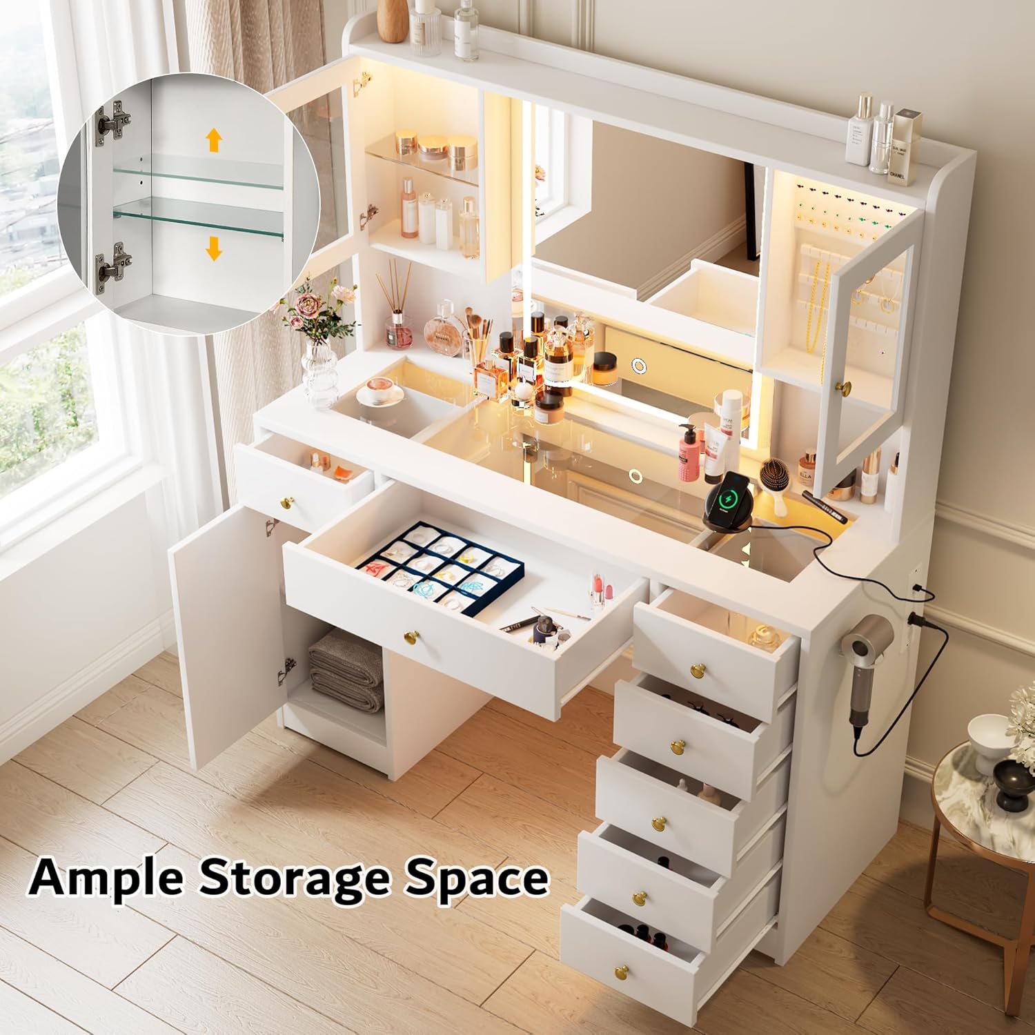 iPormis Vanity Desk with Mirror and Lights, Glass Top Makeup Vanity with RGB Light and Power Outlet, Dressing Table Mirror with 3 Lighting Colors, 7 Drawers, 3 Cabinets, White Vanity for Bedroom