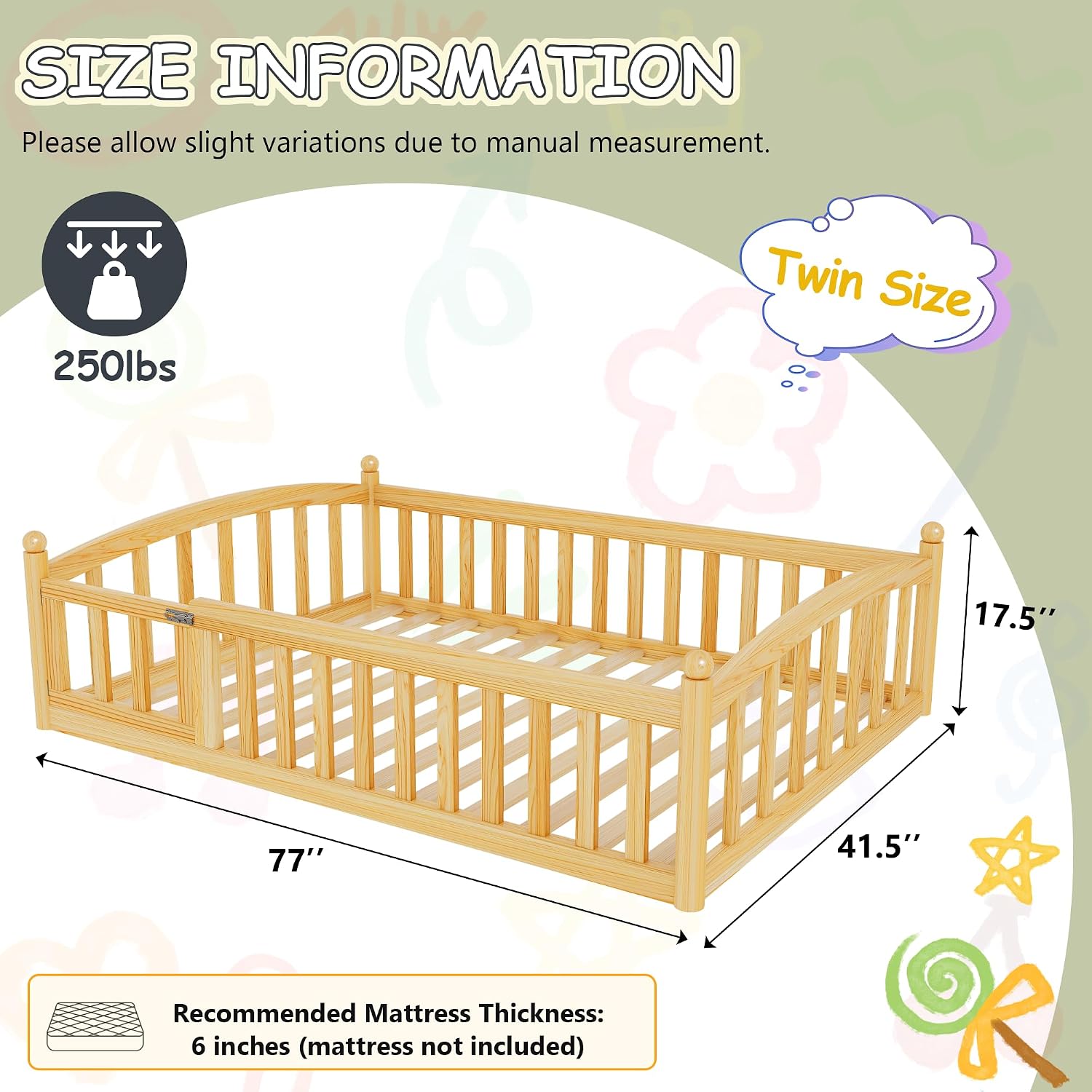 iPormis Twin Floor Bed with High Rails, Montessori Bed Frame with Wood Slats and Door, Montessori Floor Bed Twin for Kids, Girls, Boys, Easy Assembly, Natural