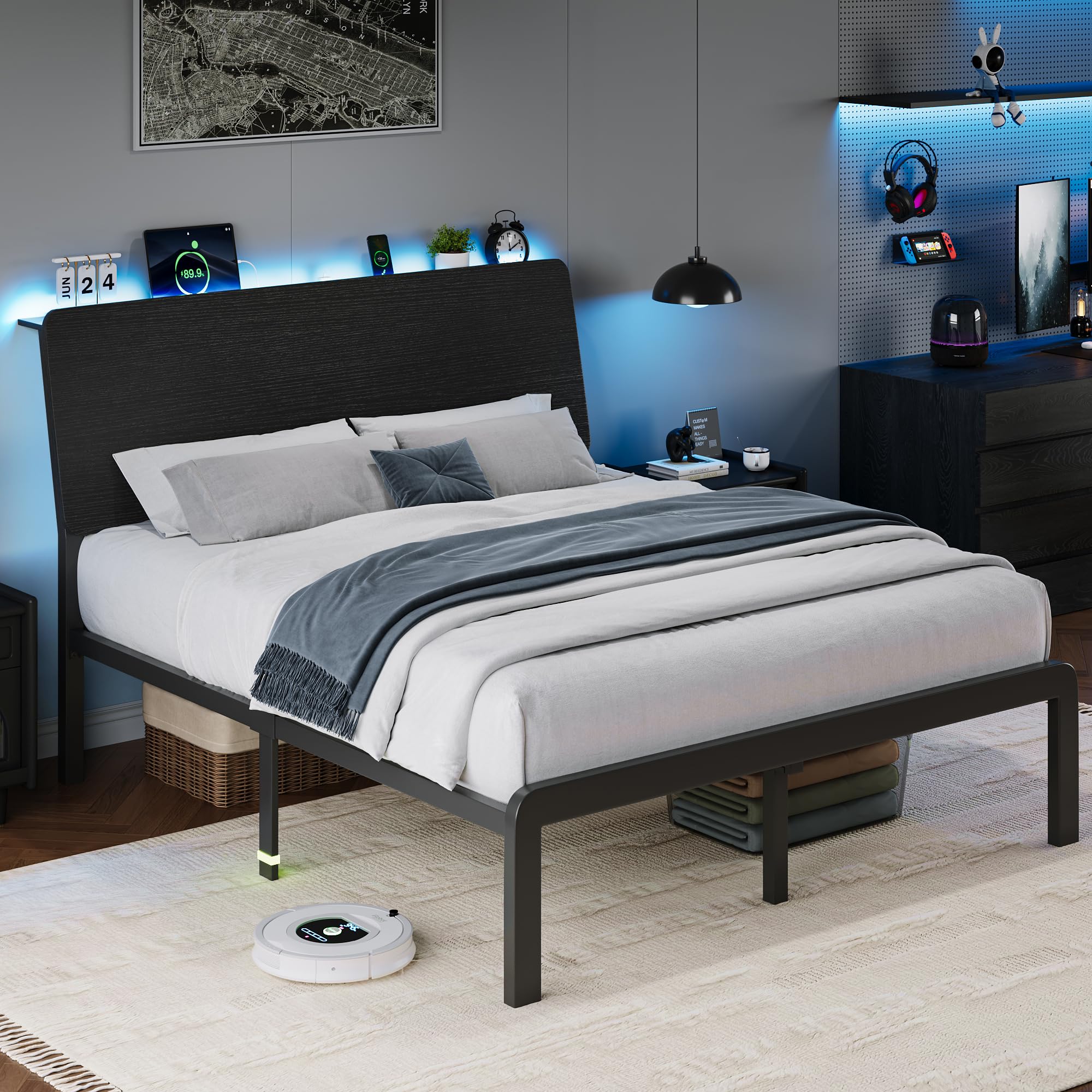 iPormis Metal Twin Bed with Ergonomic Wooden Headboard, Platform Beds with LED Lights and Charging Station, Sturdy Steel Slats Supports, No Box Spring Needed, Noise-Free, Easy Assembly, Black