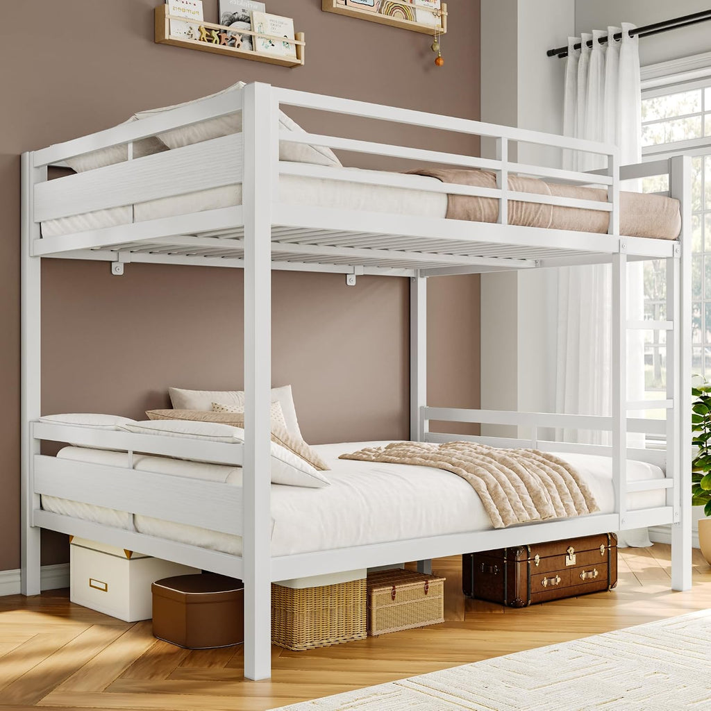 iPormis Metal Bunk Bed Full Over Full, Heavy Duty Bunk with High Guardrail and Safety Entrance Design, Under-Bed Storage Space, Easy Assembly, Noise Free, White