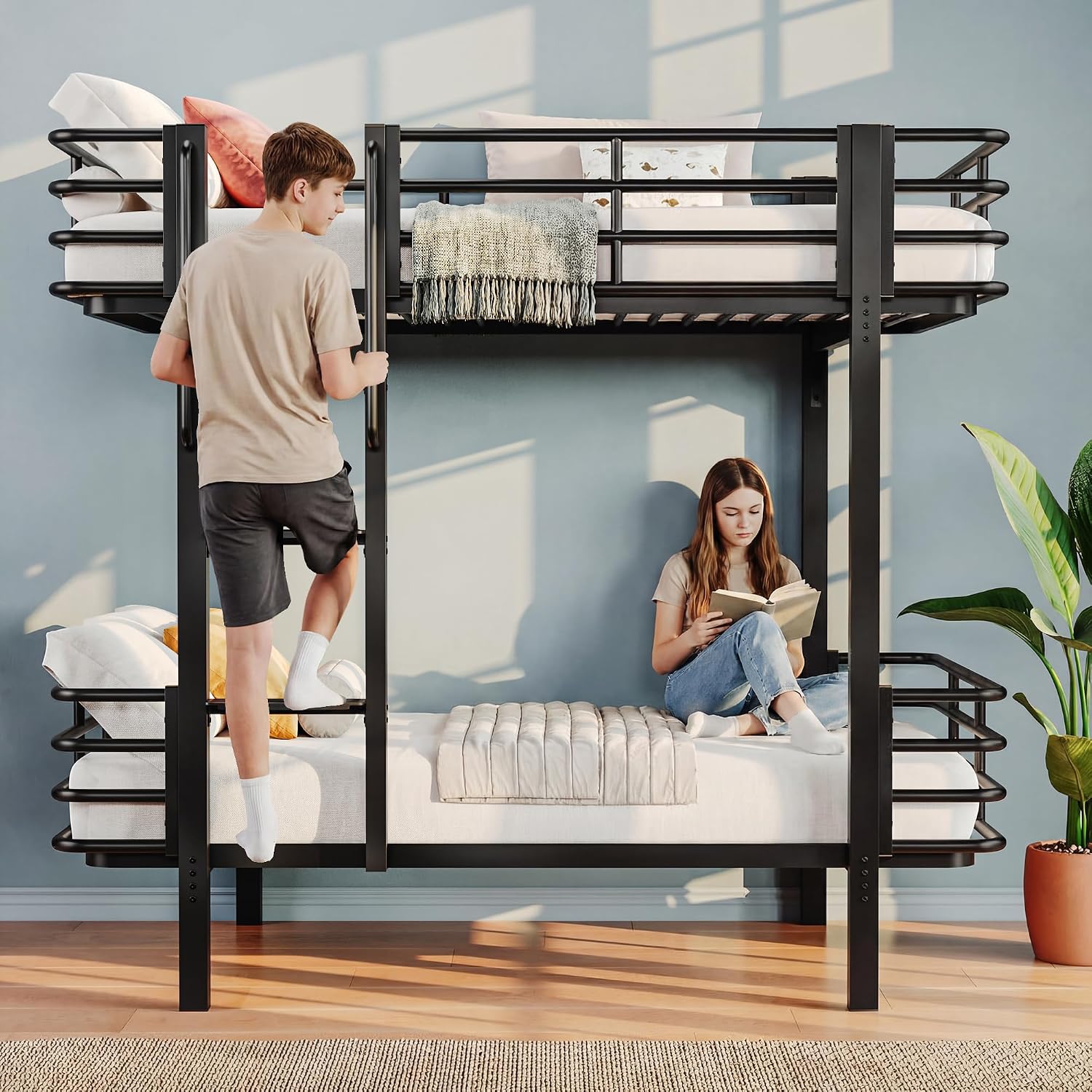 iPormis Metal Bunk Bed Twin Over Twin, Heavy Duty Bunk with High Guardrail and Ladder with Built-in Handrails & Wide Steps, Under-Bed Storage Space, Easy Assembly, Noise Free, Black