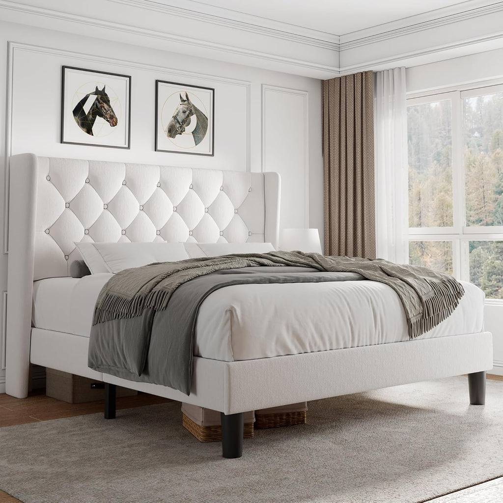 iPormis Queen Size Velvet Platform Bed Frame with Button Tufted Headboard, Upholstered Bed Frame with Solid Wooden Slats, 8" Underbed Space, No Box Spring Needed, Noise Free, Easy Assembly, White
