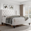 iPormis Queen Size Velvet Platform Bed Frame with Button Tufted Headboard, Upholstered Bed Frame with Solid Wooden Slats, 8" Underbed Space, No Box Spring Needed, Noise Free, Easy Assembly, White