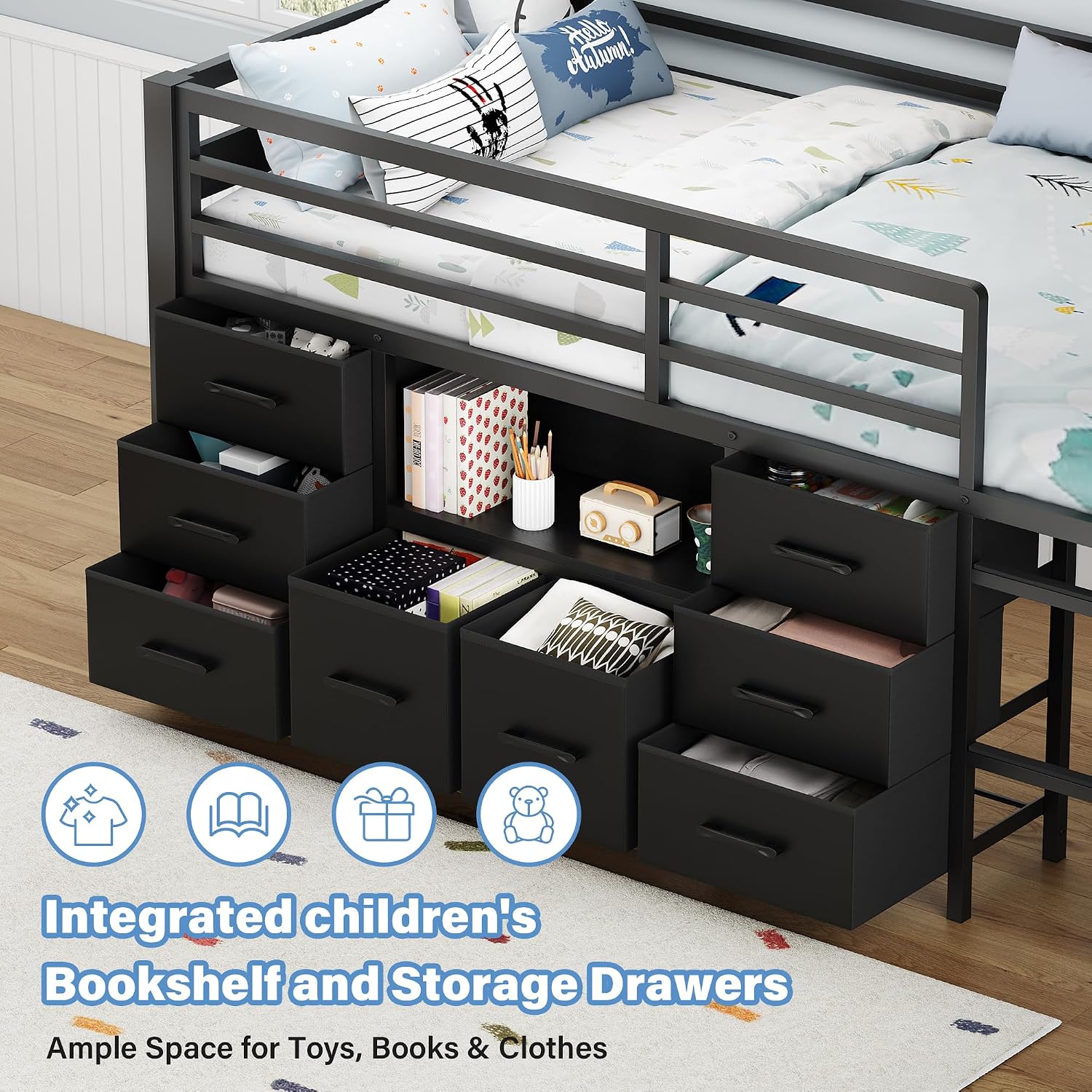 iPormis Low Loft Bed Twin Size with Bookcase, 8 Storage Drawers, Metal Kids Loft Bed with 13 Inch H Safety Guardrail, Play Curtain, Under-Bed Play Space - Black