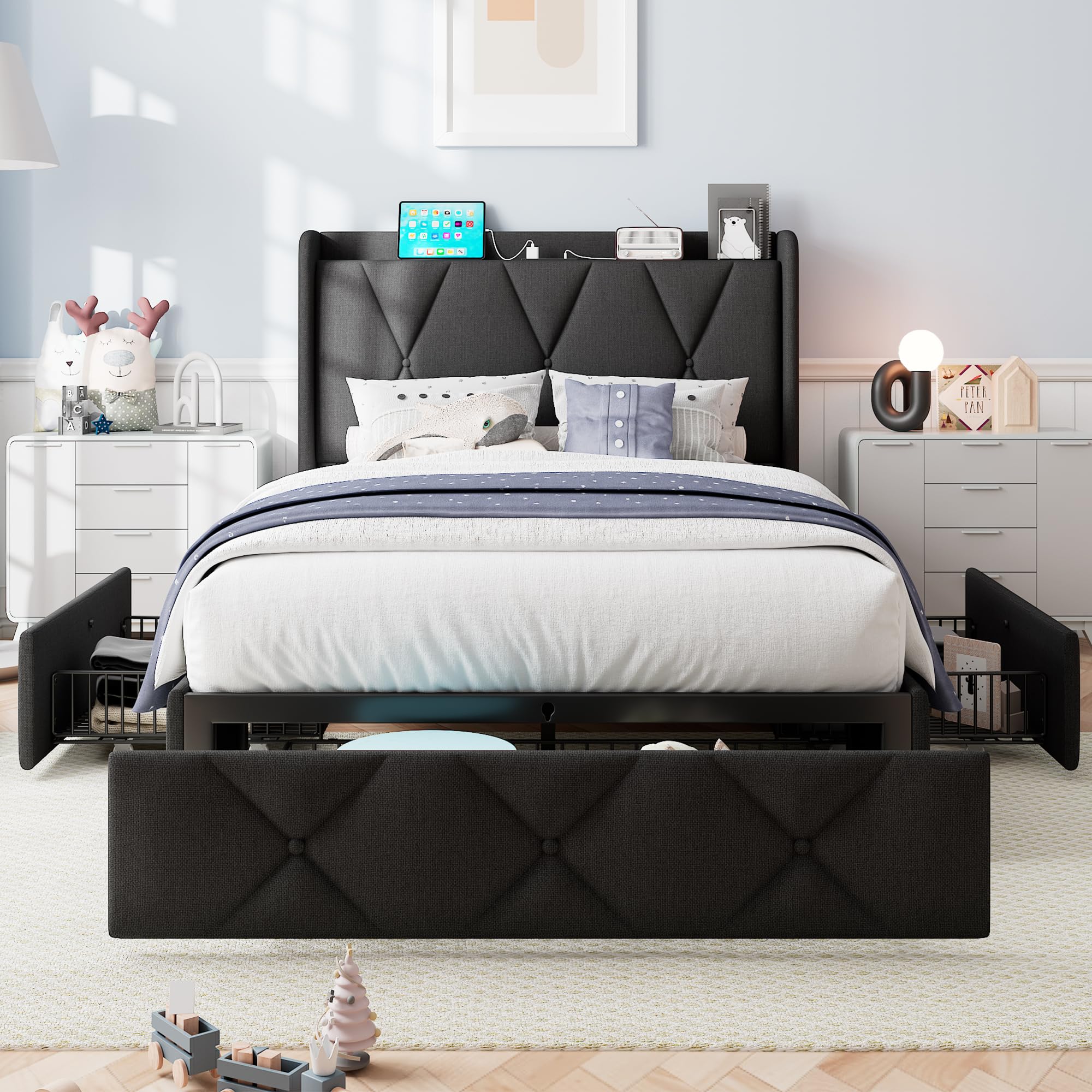 iPormis Queen Bed Frame with 4 Storage Drawers, Upholstered Platform Bed Frame with Charging Station, Modern Wingback Storage Headboard, Easy Assembly, Dark Grey