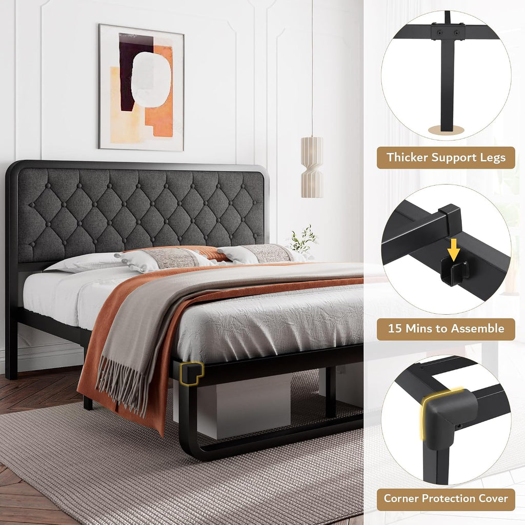 iPormis Full Bed Frame with Headboard Faux Leather Upholstered Bed Frame Platform, All Metal Slats Support Platform Bed Frame with 12" Under Bed Space, Noise Free, No Box Spring Needed, Dark Grey