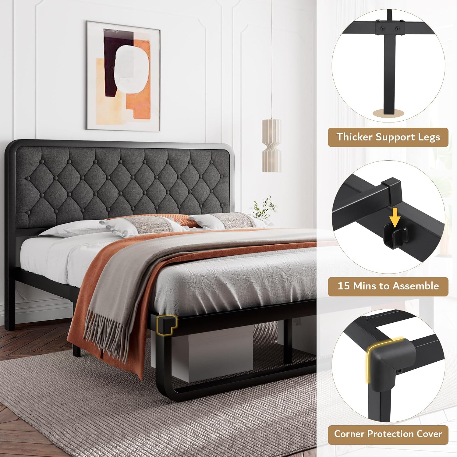 iPormis Full Bed Frame with Headboard Faux Leather Upholstered Bed Frame Platform, All Metal Slats Support Platform Bed Frame with 12" Under Bed Space, Noise Free, No Box Spring Needed, Dark Grey