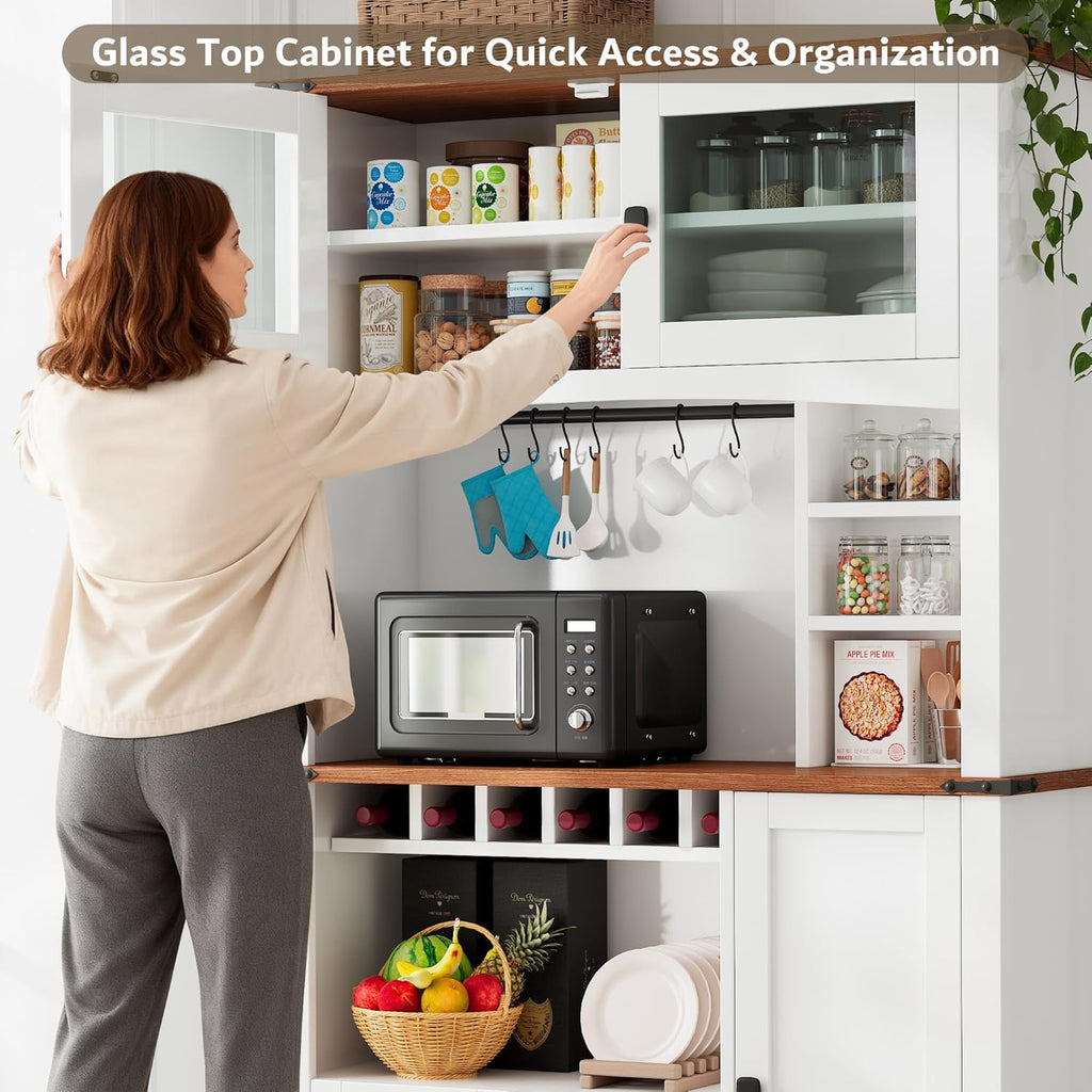 71" Ipromis farmhouse kitchen pantry cabinet with microwave stand, wine rack, glass doors, and adjustable shelves.