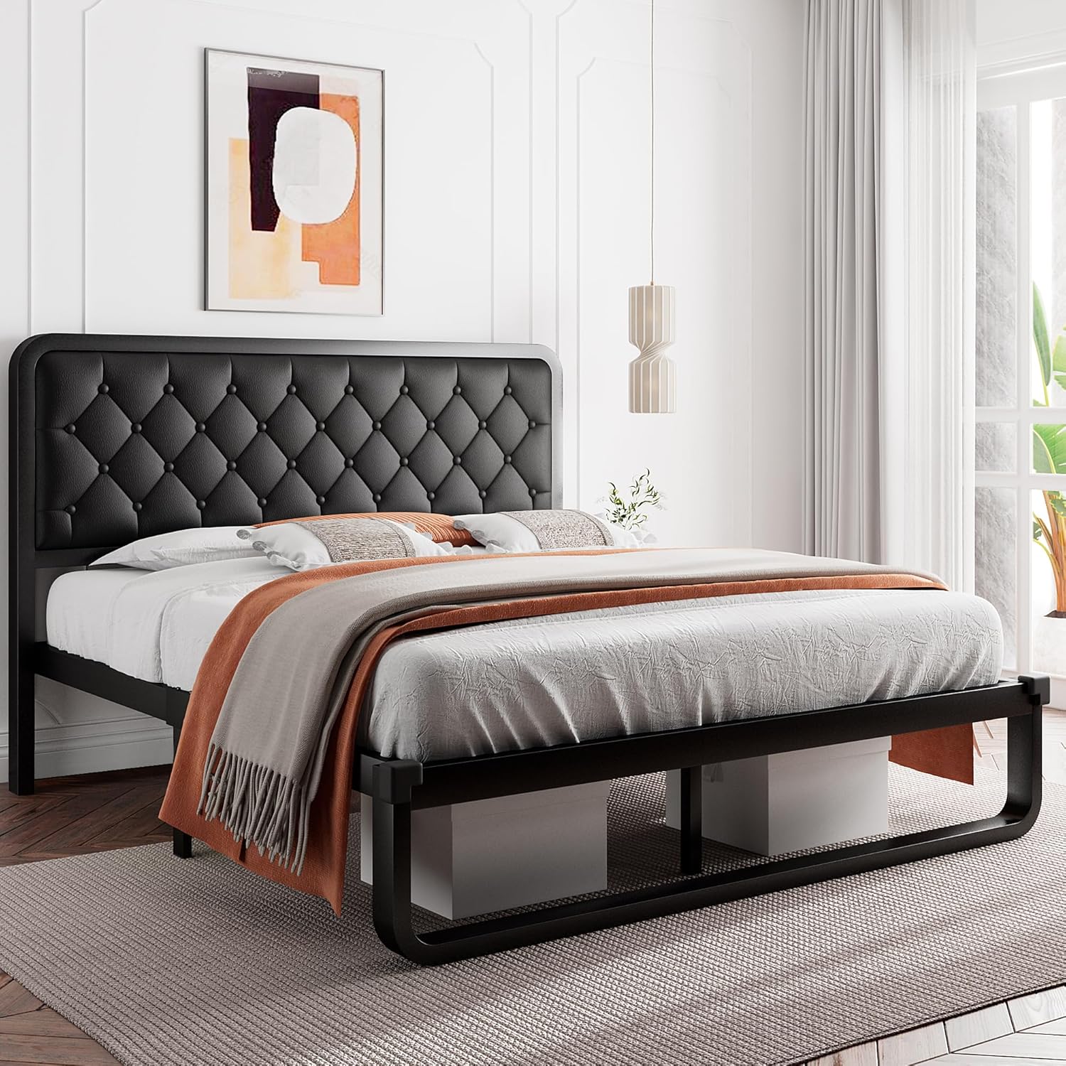 iPormis Queen Bed Frame with Headboard Faux Leather Upholstered Bed Frame Platform, All Metal Slats Support Platform Bed Frame with 12" Under Bed Space, Noise Free, No Box Spring Needed, Black