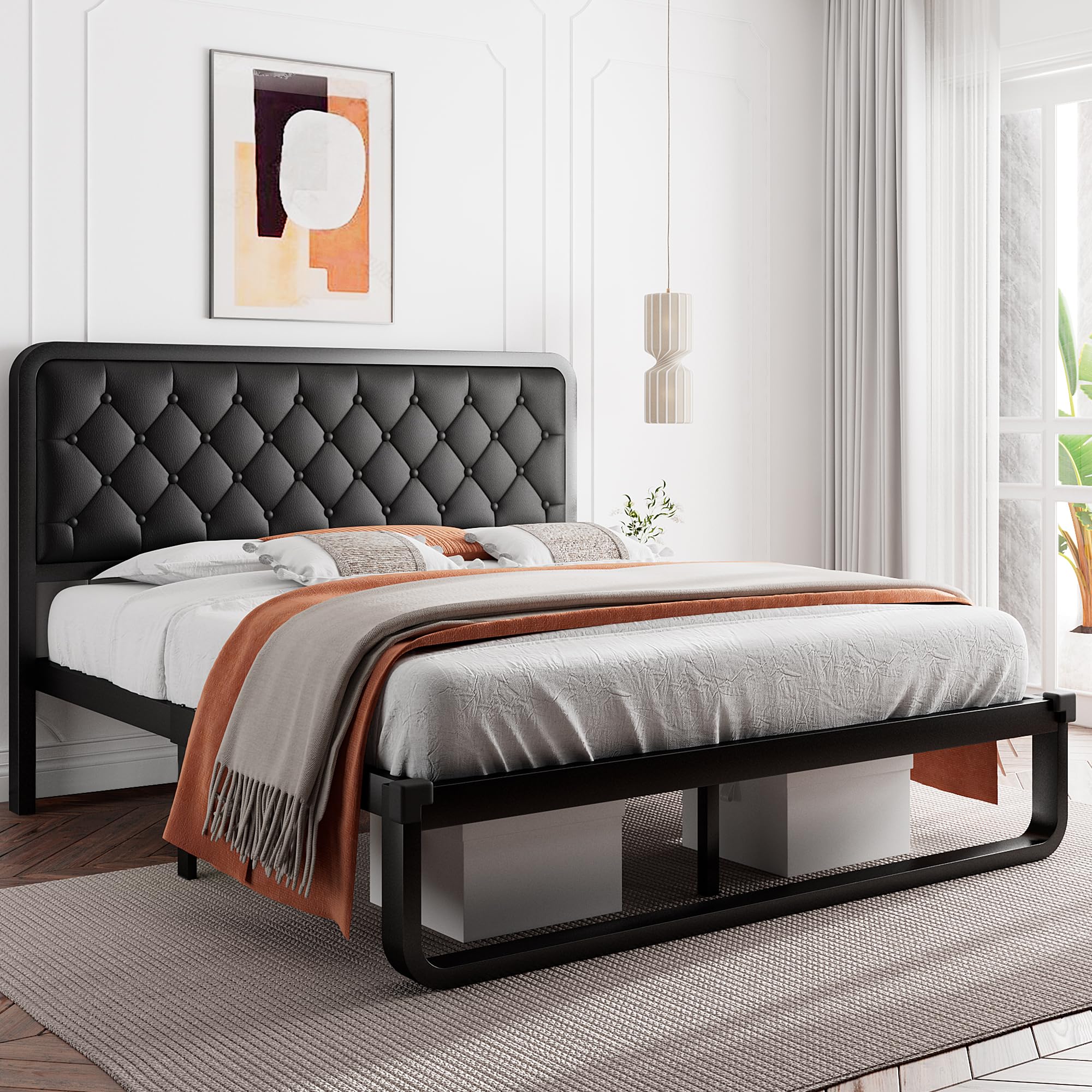 iPormis Queen Bed Frame with Headboard Faux Leather Upholstered Bed Frame Platform, All Metal Slats Support Platform Bed Frame with 12" Under Bed Space, Noise Free, No Box Spring Needed, Black