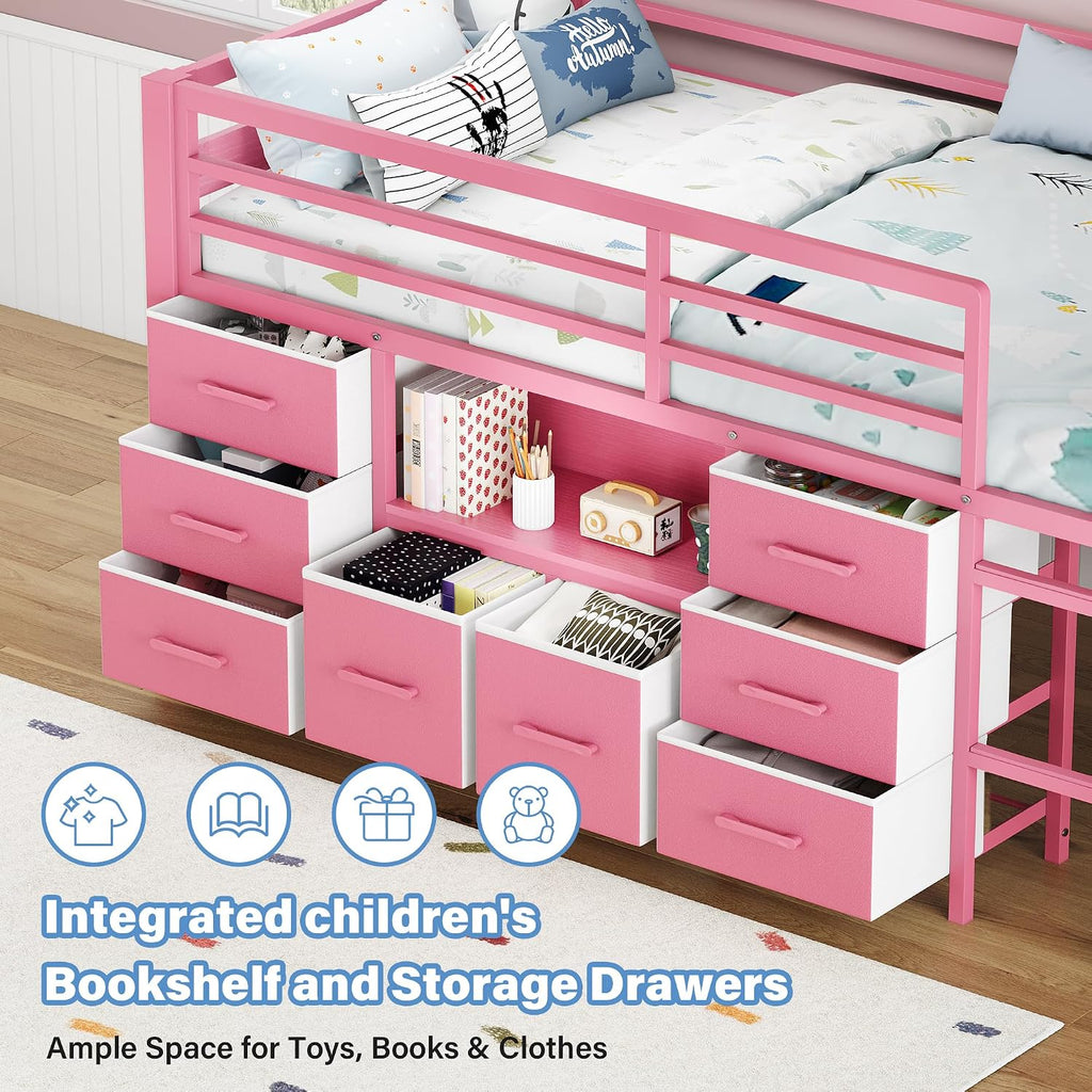iPormis Low Loft Bed Twin Size with Bookcase, 8 Storage Drawers, Metal Kids Loft Bed with 13 Inch H Safety Guardrail, Play Curtain, Under-Bed Play Space - Pink