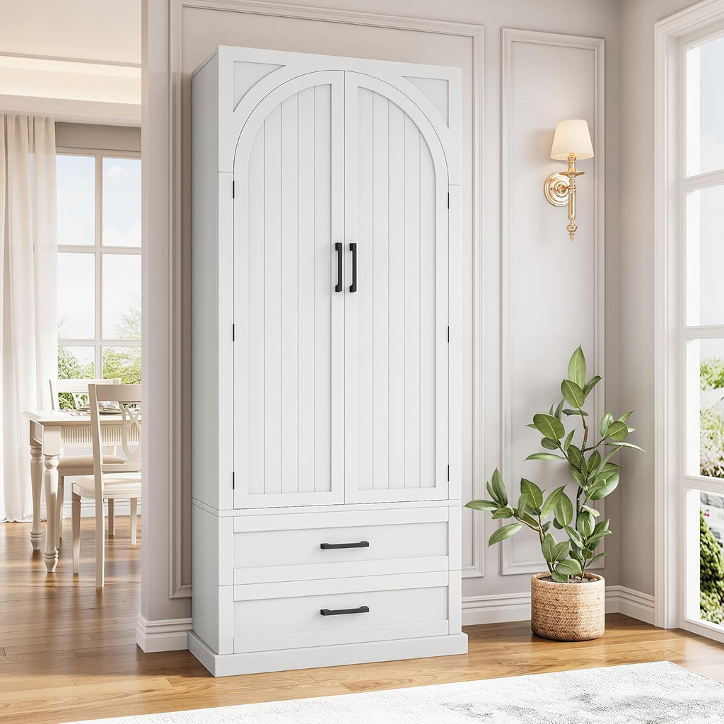 iPormis 71" Tall Kitchen Pantry Storage Cabinet w/Adjustable Shelf, Door Shelves & Large Drawers, Freestanding Kitchen Cupboard for Dining Room/Living Room, White