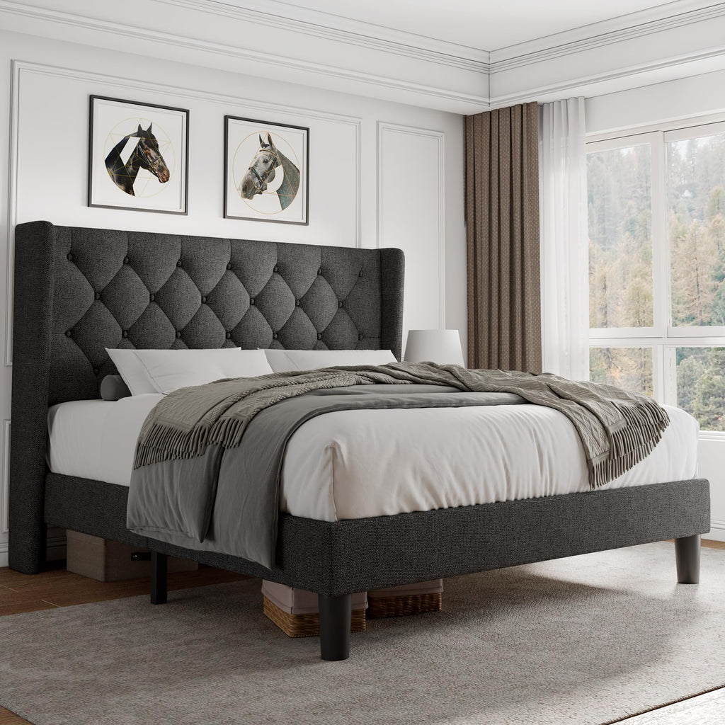 iPormis Queen Size Platform Bed Frame with Button Tufted Headboard, Upholstered Bed Frame with Solid Wooden Slats, 8" Underbed Space, No Box Spring Needed, Noise Free, Easy Assembly, Light Gray