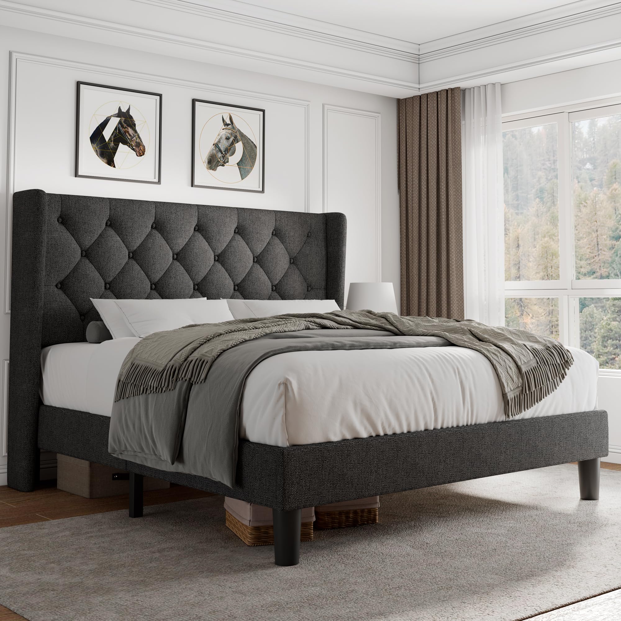 iPormis Queen Size Platform Bed Frame with Button Tufted Headboard, Upholstered Bed Frame with Solid Wooden Slats, 8" Underbed Space, No Box Spring Needed, Noise Free, Easy Assembly, Black