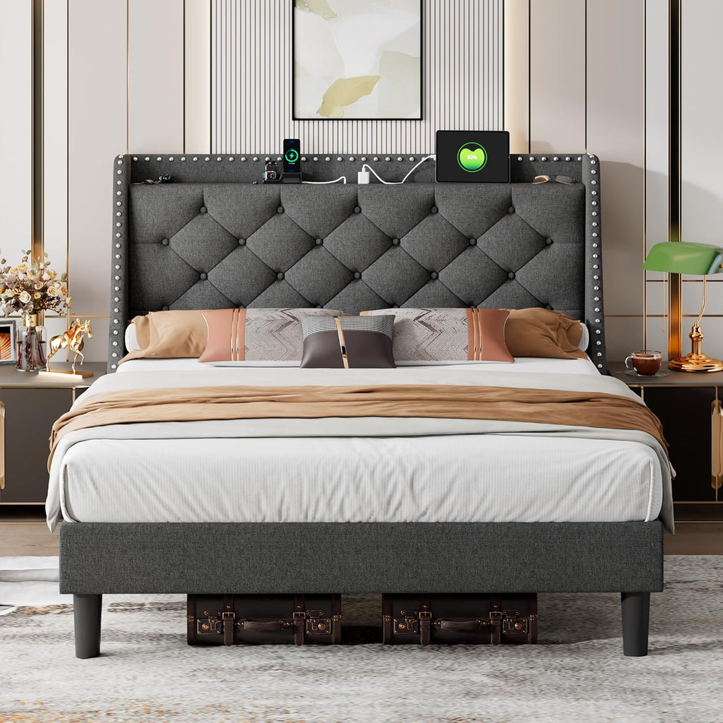 iPormis Queen Bed Frame with 16" Comfort Wingback & Charging Station, Upholstered Platform Bed with Button Tufted Storage Headboard, Solid Wood Slats Support, No Box Spring Needed, Dark Grey
