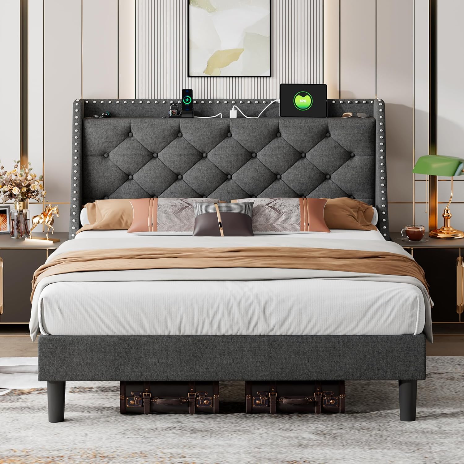 iPormis Queen Bed Frame with 16" Comfort Wingback & Charging Station, Upholstered Platform Bed with Button Tufted Storage Headboard, Solid Wood Slats Support, No Box Spring Needed, Dark Grey