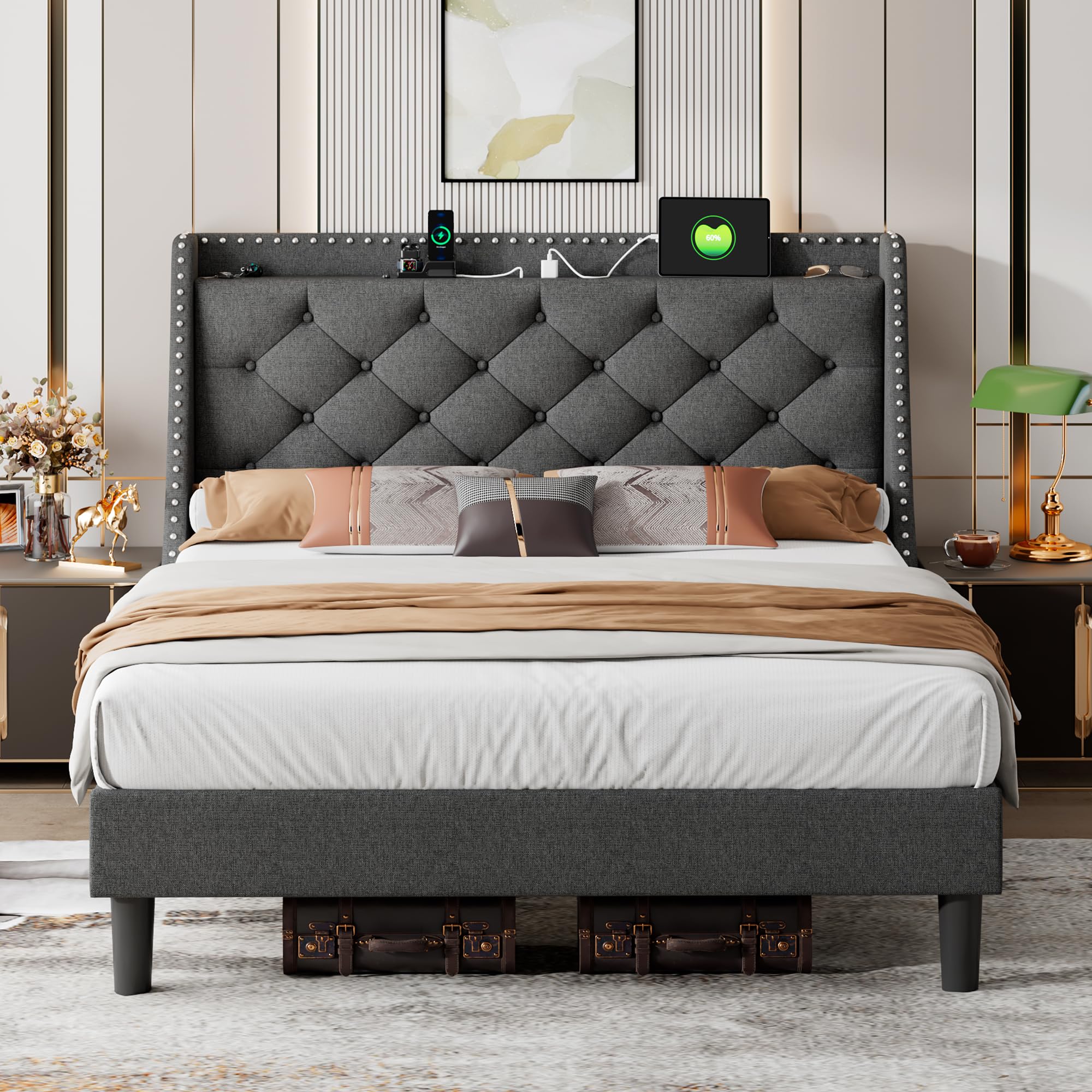 iPormis Queen Bed Frame with 16" Comfort Wingback & Charging Station, Upholstered Platform Bed with Button Tufted Storage Headboard, Solid Wood Slats Support, No Box Spring Needed, Dark Grey