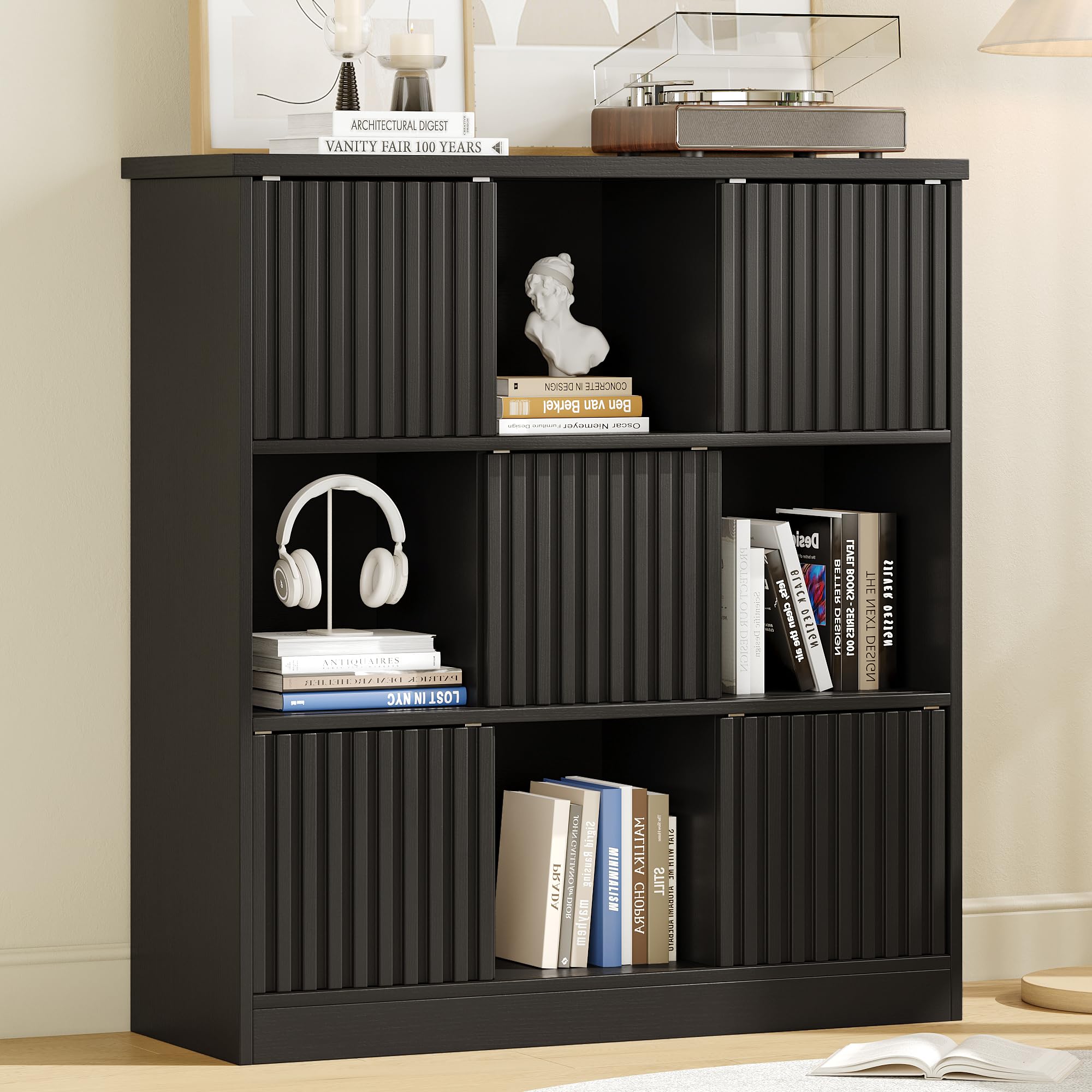 iPormis 8 Cube Bookshelf with Sliding Doors, Wooden Bookcase Storage Cabinet, Freestanding Cube Shelf Organizer for Books Decor in Living Room Bedroom Office, Black