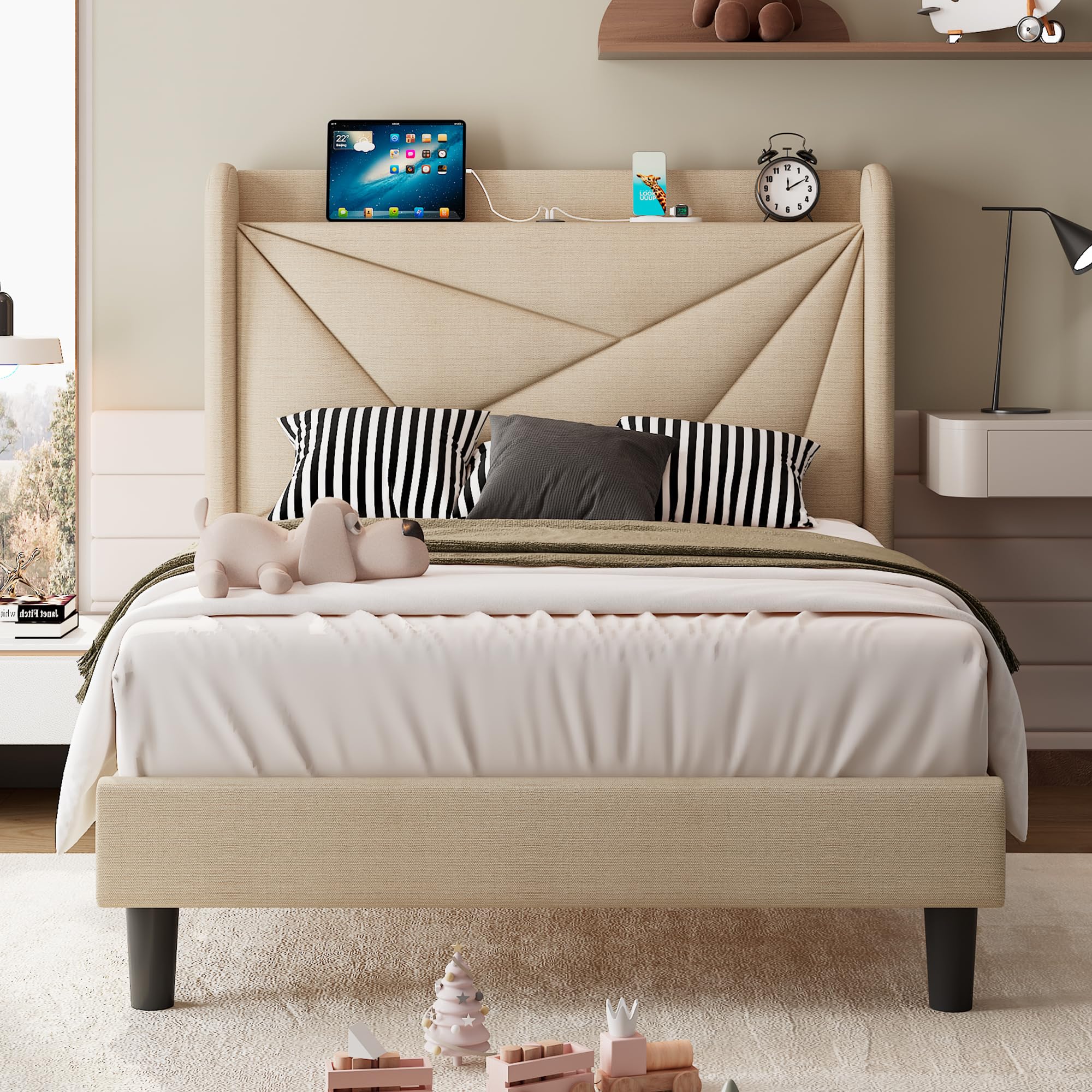 iPormis Twin Size Bed Frame with Charging Station, Linen Platform Bed Frame with Wingback Upholstered Headboard, Solid Wood Slats Support, No Box Spring Needed, Easy Assembly, Dark Grey