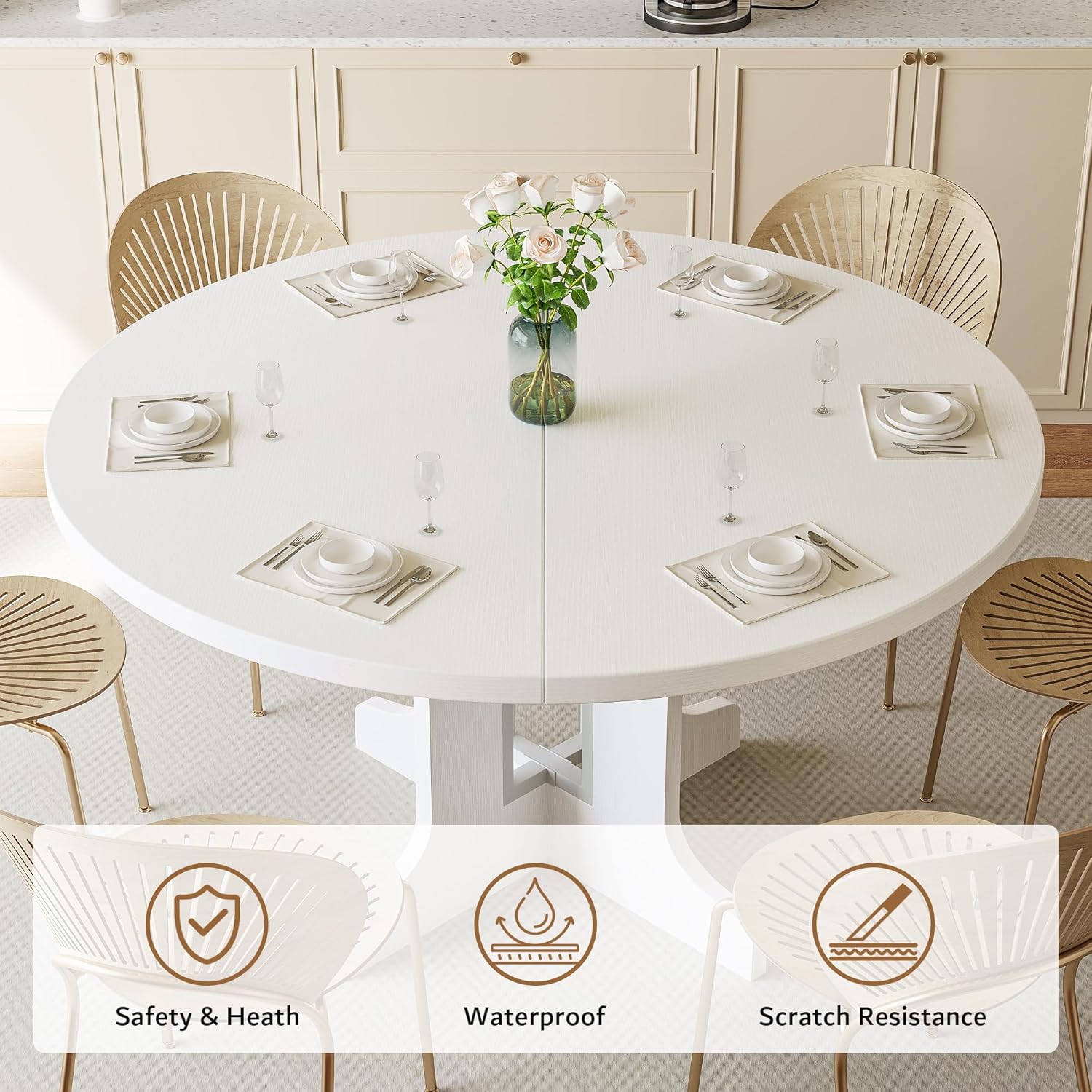 Modern Passionate 59" round extendable white dining table set for 4-6 in a stylish kitchen setting.