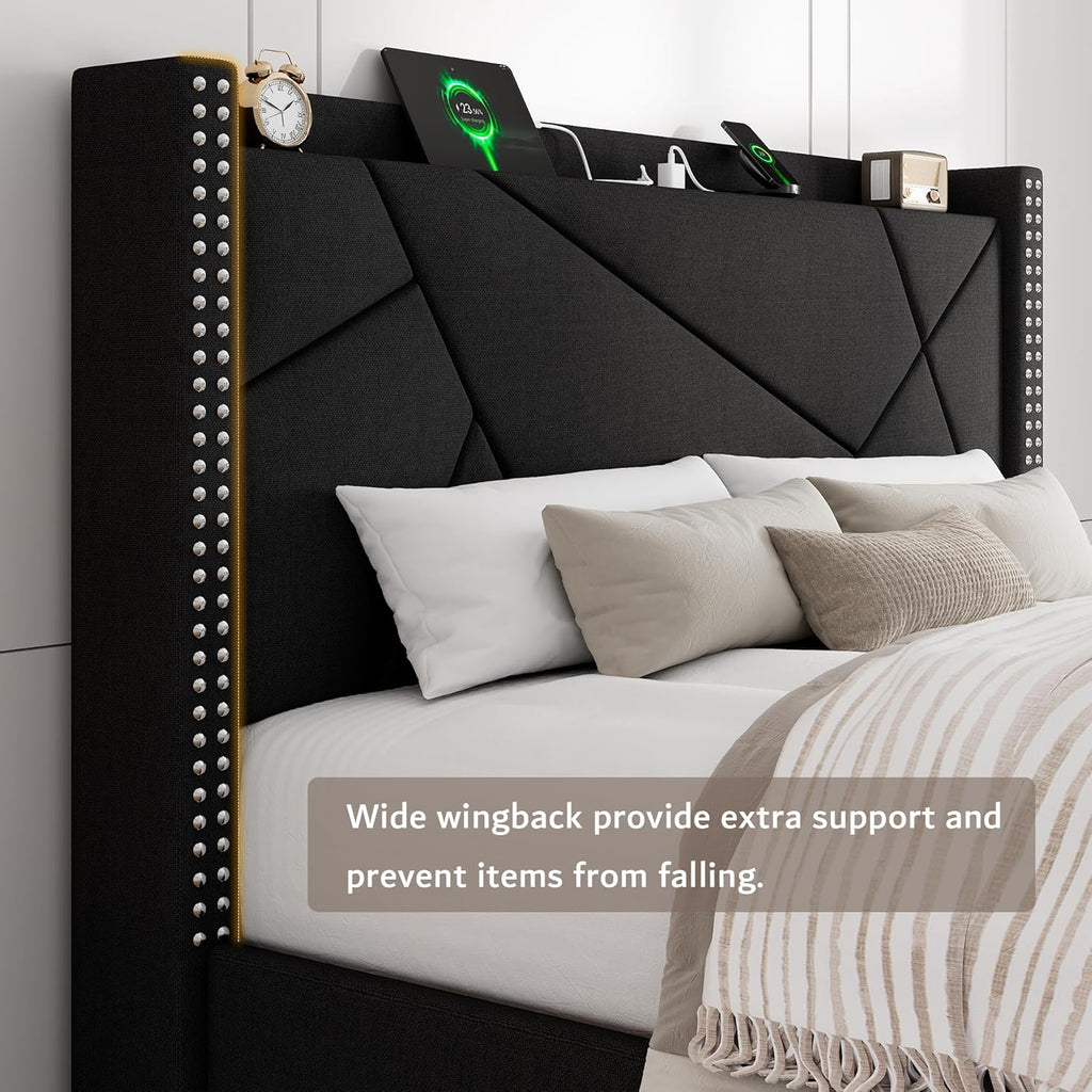 iPormis Full Size Bed Frame with 4 Storage Drawers, Upholstered Headboard Bed with Charging Station, Solid Wooden Slats Support, Easy Assembly, Black