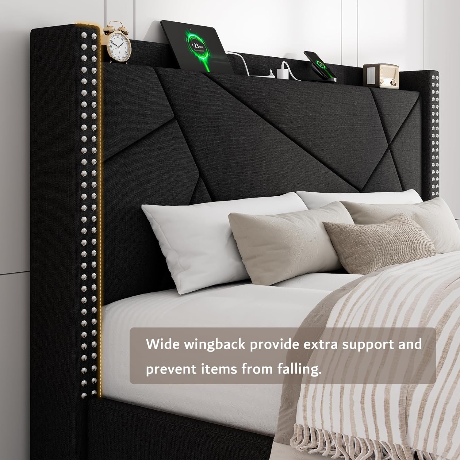 iPormis Full Size Bed Frame with 4 Storage Drawers, Upholstered Headboard Bed with Charging Station, Solid Wooden Slats Support, Easy Assembly, Black