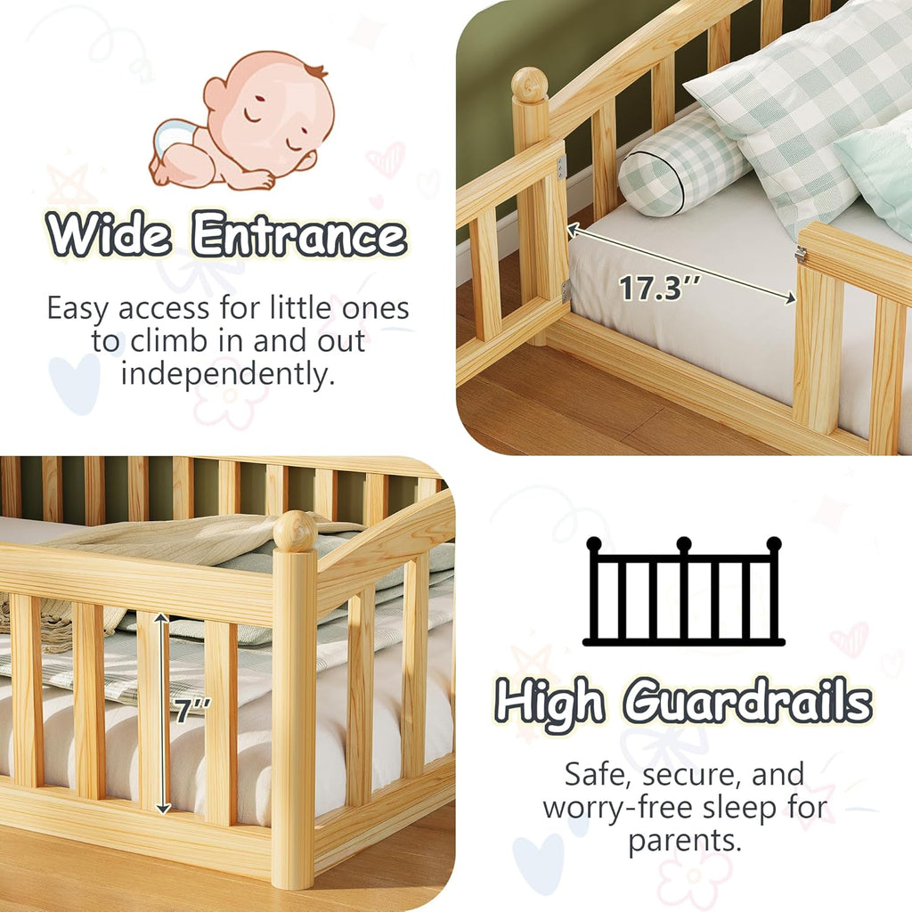 iPormis Twin Floor Bed with High Rails, Montessori Bed Frame with Wood Slats and Door, Montessori Floor Bed Twin for Kids, Girls, Boys, Easy Assembly, Natural