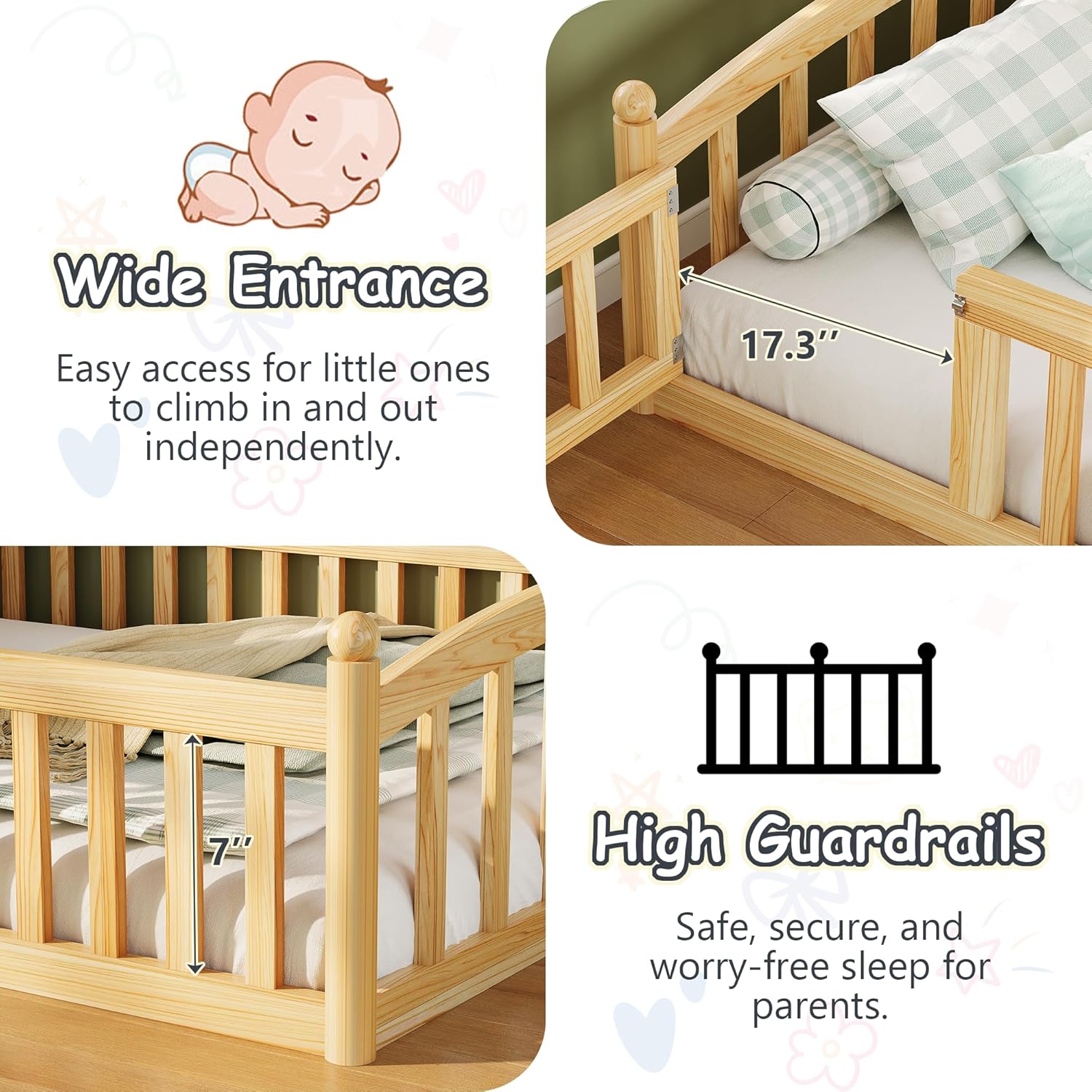 iPormis Twin Floor Bed with High Rails, Montessori Bed Frame with Wood Slats and Door, Montessori Floor Bed Twin for Kids, Girls, Boys, Easy Assembly, Natural