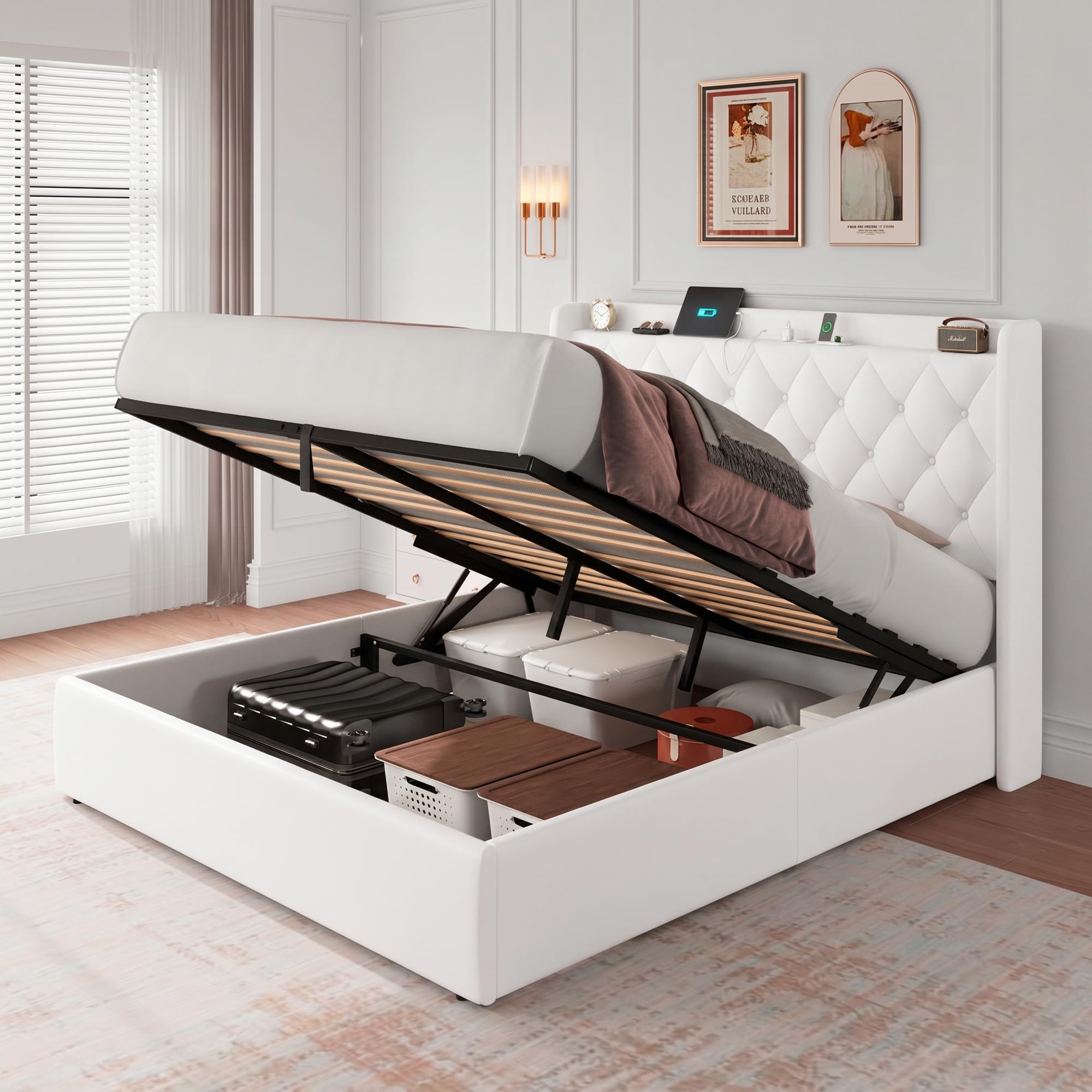 iPormis Queen Size Lift Up Storage Bed Frame with Charging Station, Upholstered Platform Bed Frame with Tufted Headboard, Hydraulic Storage, No Box Spring Needed, Noise-Free, Easy Assembly, Beige
