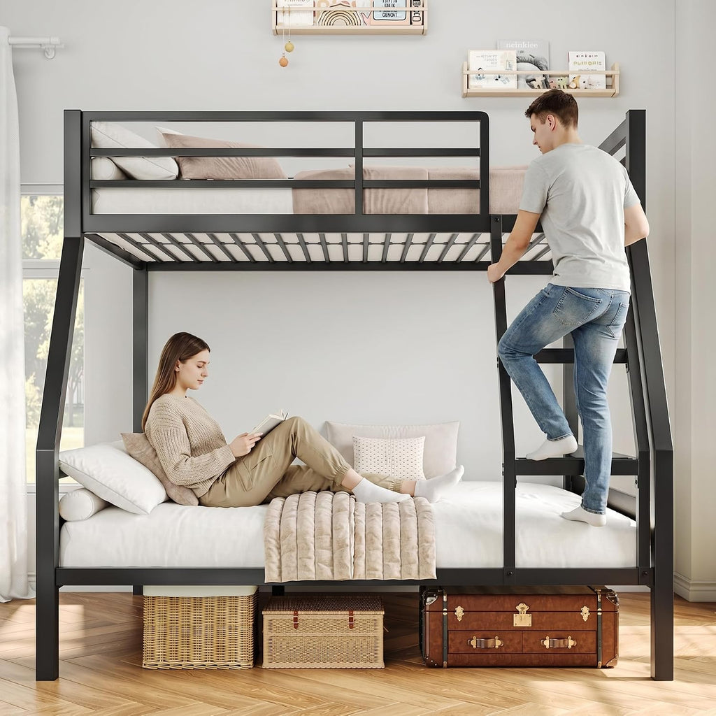 iPormis Metal Bunk Bed Twin Over Full, Heavy Duty Bunk with High Guardrail and Safety Entrance Design, Under-Bed Storage Space, Easy Assembly, Noise Free, Black