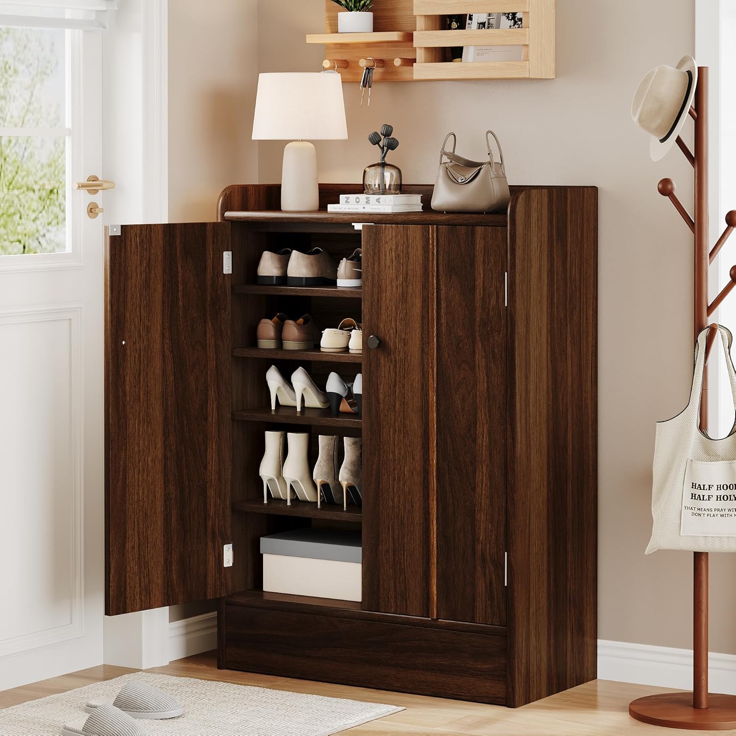 iPormis 6-Tier Shoe Cabinet with Drawer, 47” Tall Large Shoe Storage Cabinet with Doors & Adjustable Shelves, Freestanding Wooden Shoe Rack Organizer Cabinet for Entryway Hallway, Walnut Brown