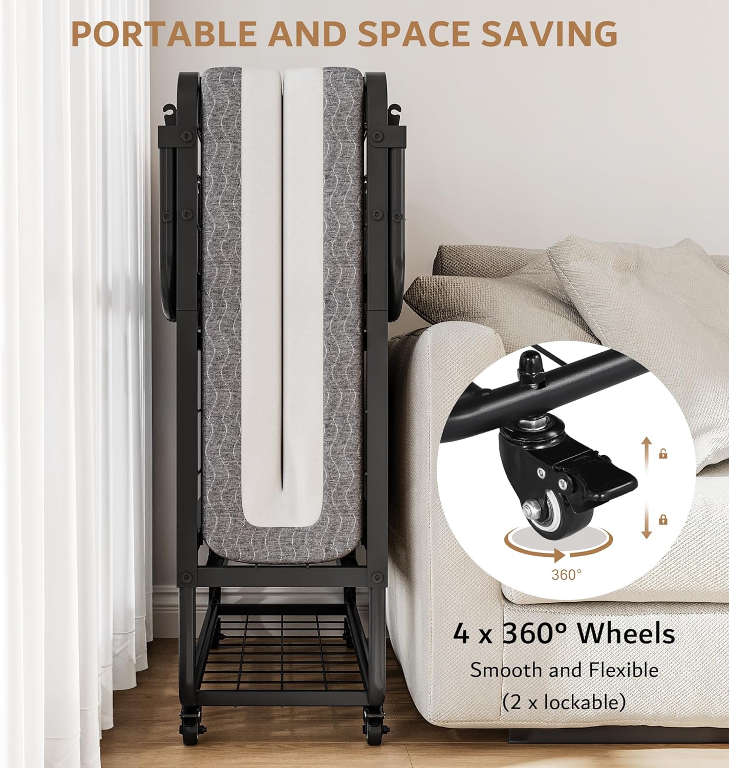 iPormis Folding Bed with Mattress, 76" x 38" Twin Foldable Bed with Side Pocket & Storage Shelf, Portable Rollaway Beds for Adults, Folded Up Beds w/Sturdy Metal Frame for Guest, Space Saving