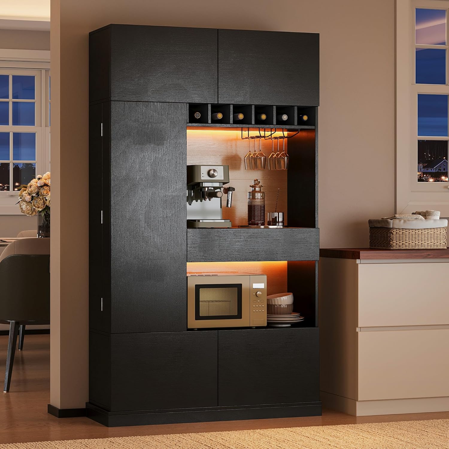 iPormis 69" Tall Kitchen Pantry Storage Cabinet with LED Lights & Microwave Stand & Wine Rack, Kitchen Hutch with Door Shelves & Adjustable Shelf & Drawers & Charge Station for Living Room, Black