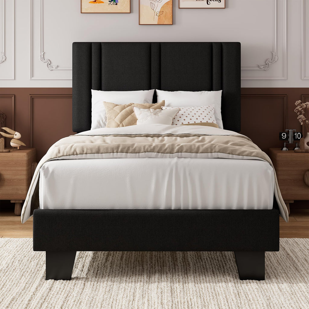 iPormis Queen Platform Bed Frame with Fabric Upholstered Headboard & Thickened Legs, Mattress Foundation w/Solid Wooden Slats Support, Noise Free, No Box Spring Needed, Dark Grey