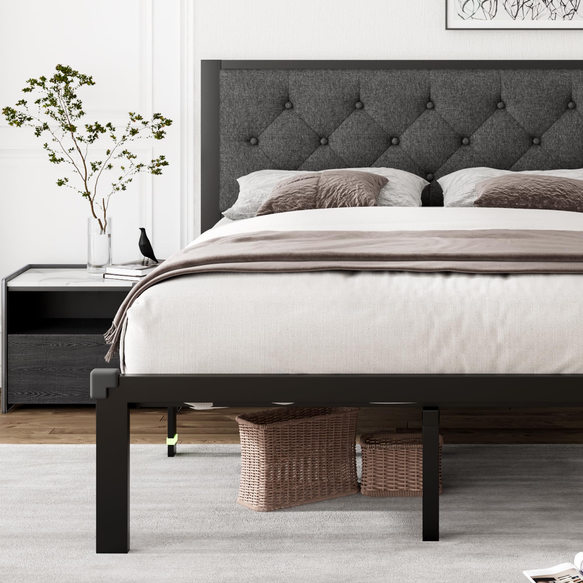 iPormis Twin Size Metal Bed Frame, Faux Leather Platform Bed Frame with Button Tufted Headboard, 12" Underbed Space, Steel Slats Support, Easy Assembly, No Box Spring Needed, Black