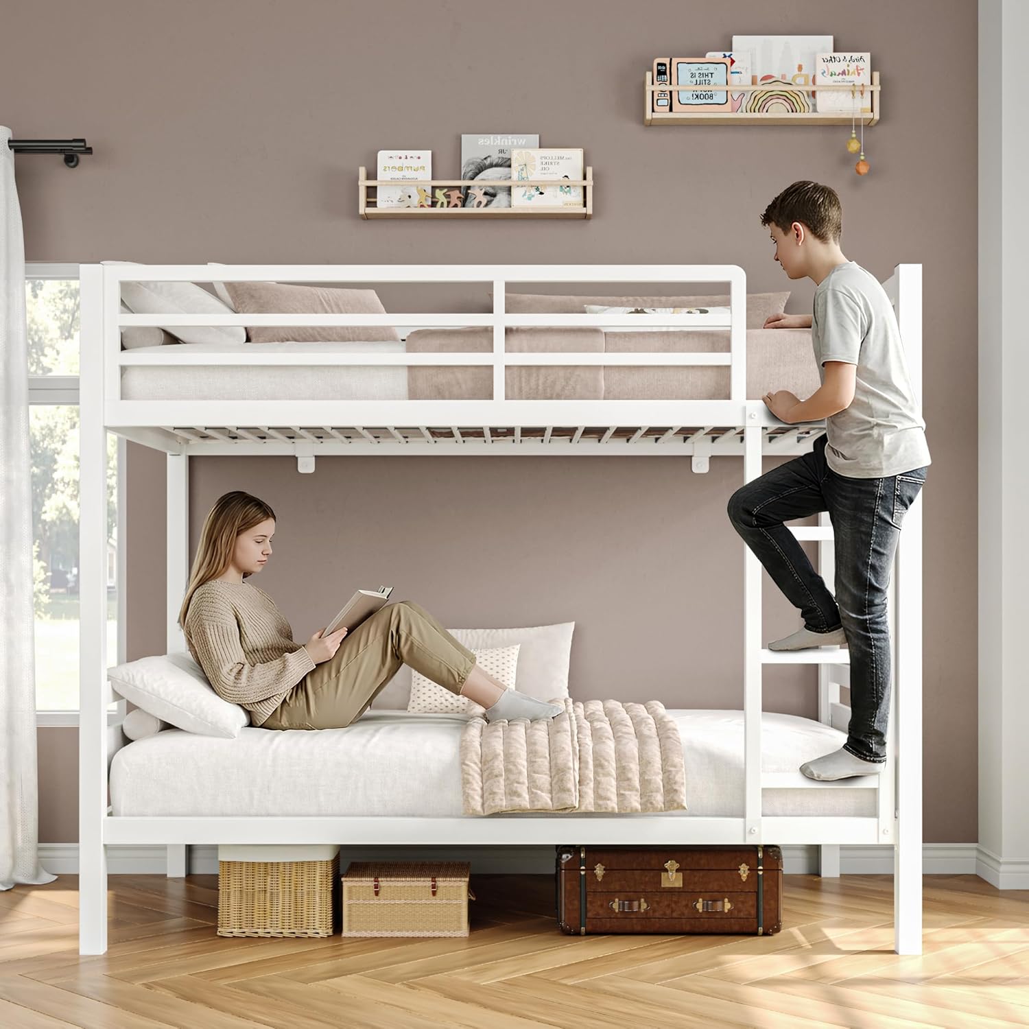 iPormis Metal Bunk Bed Twin Over Twin, Heavy Duty Bunk with High Guardrail and Safety Entrance Design, Under-Bed Storage Space, Easy Assembly, Noise Free, White