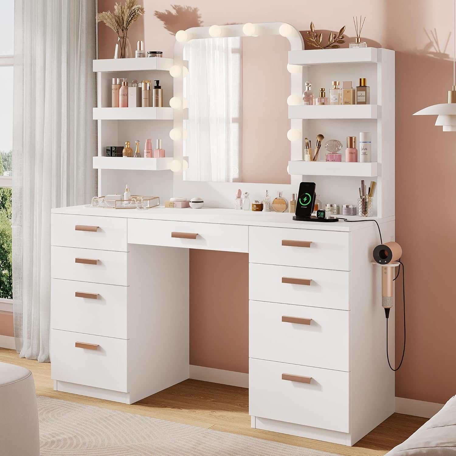 iPormis Vanity Desk with Mirror and Lights, White Makeup Vanity Table with 9 Drawers 6 Shelves, 47" Big Dressing Table with Power Outlet, 3 Adjustable Lighting Modes for Women Girls Bedroom