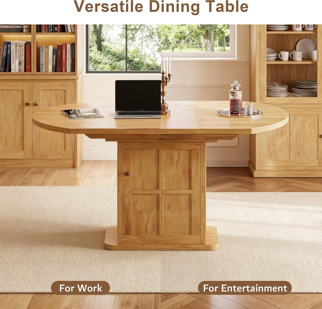 iPormis Extendable Round Dining Table for 4-6, 59'' Modern Kitchen Table with 2-Tier Storage Shelf, Wood Door, MDF Board, Space Saving Oval Dinner with Sturdy Pedestal Base, Kitchen, Dining, Oak