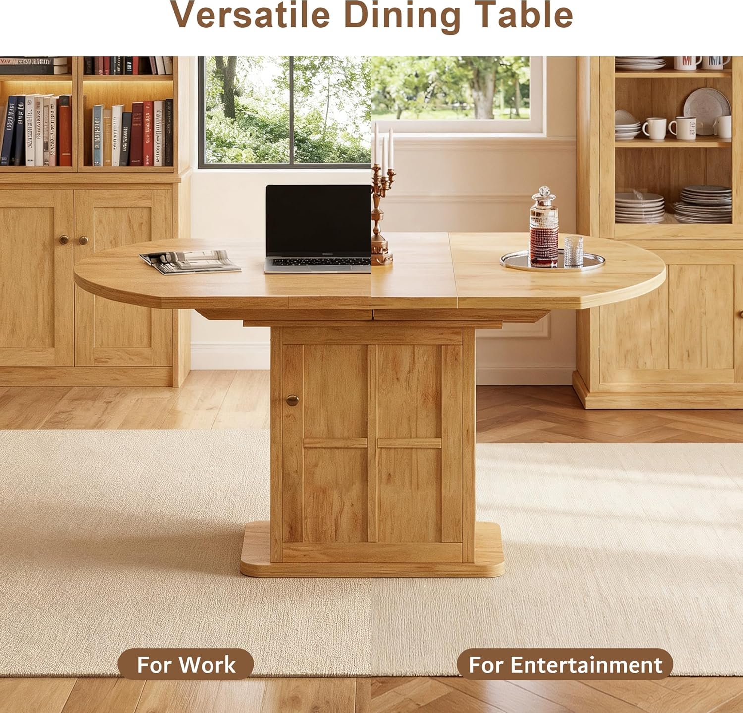 iPormis Extendable Round Dining Table for 4-6, 59'' Modern Kitchen Table with 2-Tier Storage Shelf, Wood Door, MDF Board, Space Saving Oval Dinner with Sturdy Pedestal Base, Kitchen, Dining, Oak