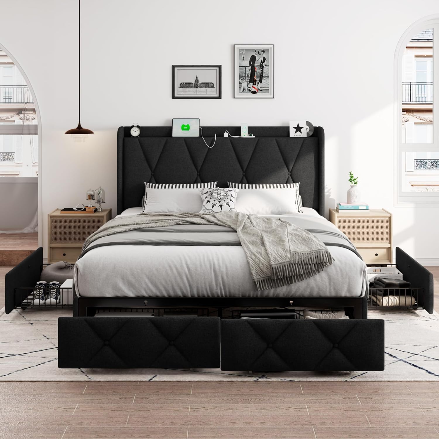 iPormis Queen Bed Frame with 4 Storage Drawers, Upholstered Platform Bed Frame with Charging Station, Modern Wingback Storage Headboard, Easy Assembly, Black